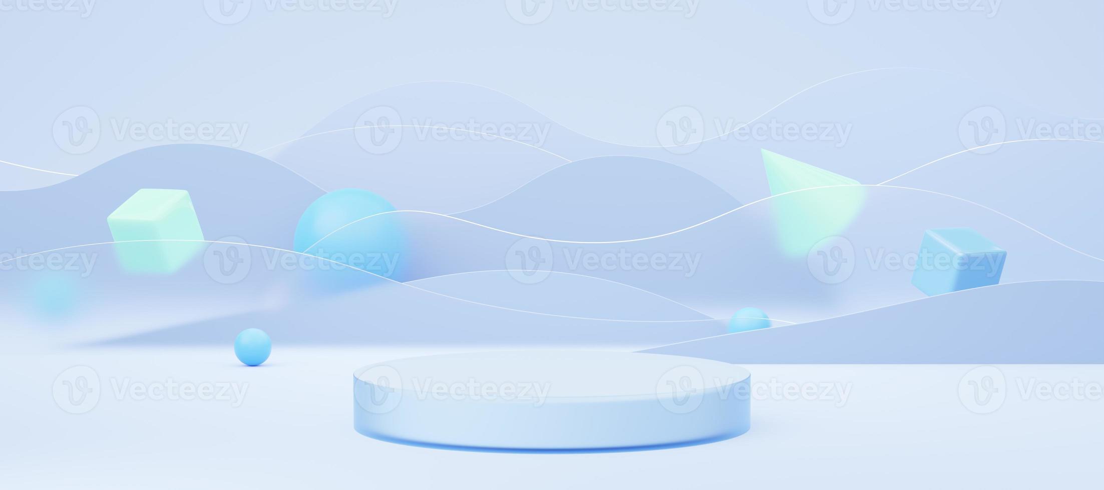 Empty white glass cylinder podium on translucent glass, blue wave background. Abstract pastel minimal studio 3d geometric shape. Mockup space for display of product design. Paper cut style. 3d render. photo