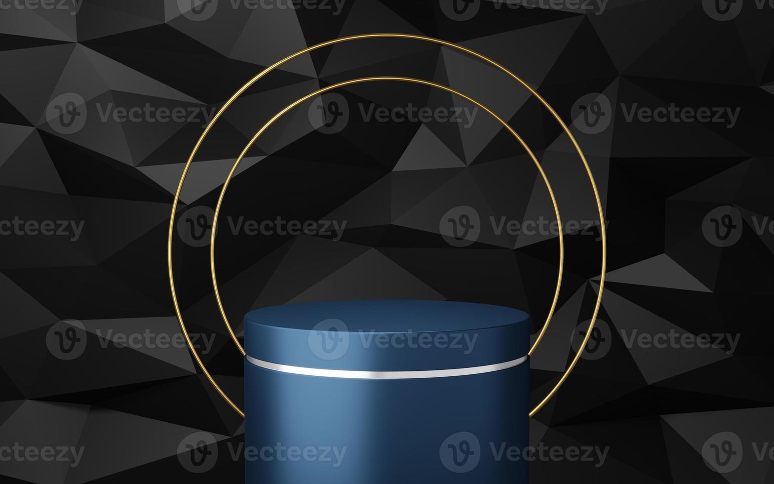 Empty blue cylinder podium with silver border and 2 gold circle on black triangle texture background. Abstract minimal studio 3d geometric shape. Mockup space for display of product design. 3d render. photo