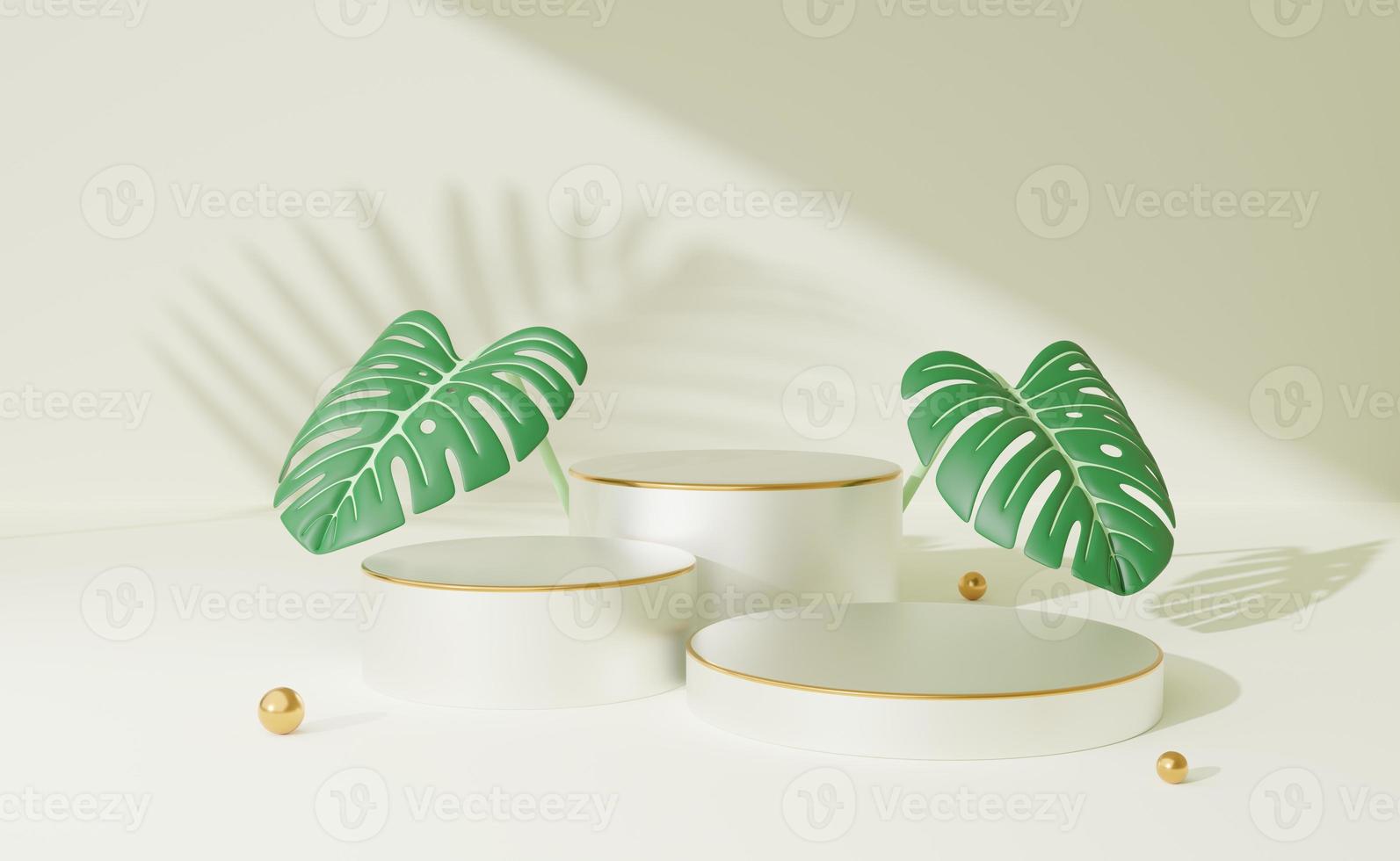 Empty white cylinder podium with gold border and 2 monstera deliciosa leaf on cream background. Abstract minimal studio geometric shape object. Mockup space for cosmetic display design. 3d rendering. photo