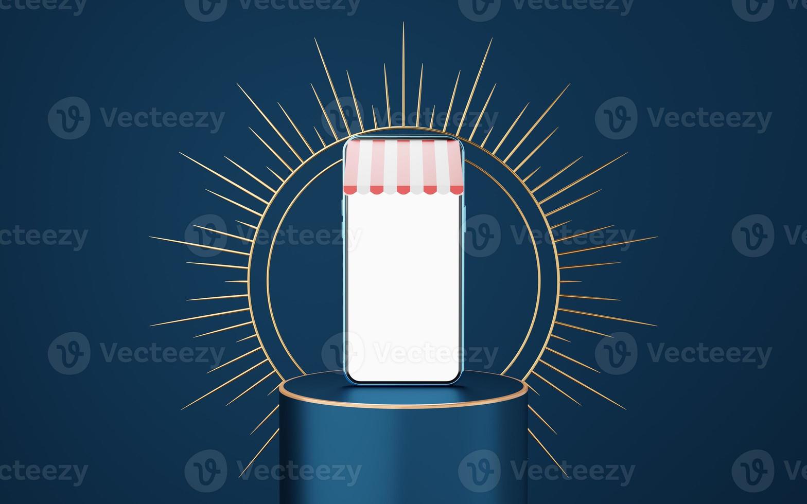Blue mobile phone with awning on cylinder podium, gold border and spiked halo circle background. Digital marketing online, e commerce, app store concept. smartphone with blank white screen. 3d render. photo