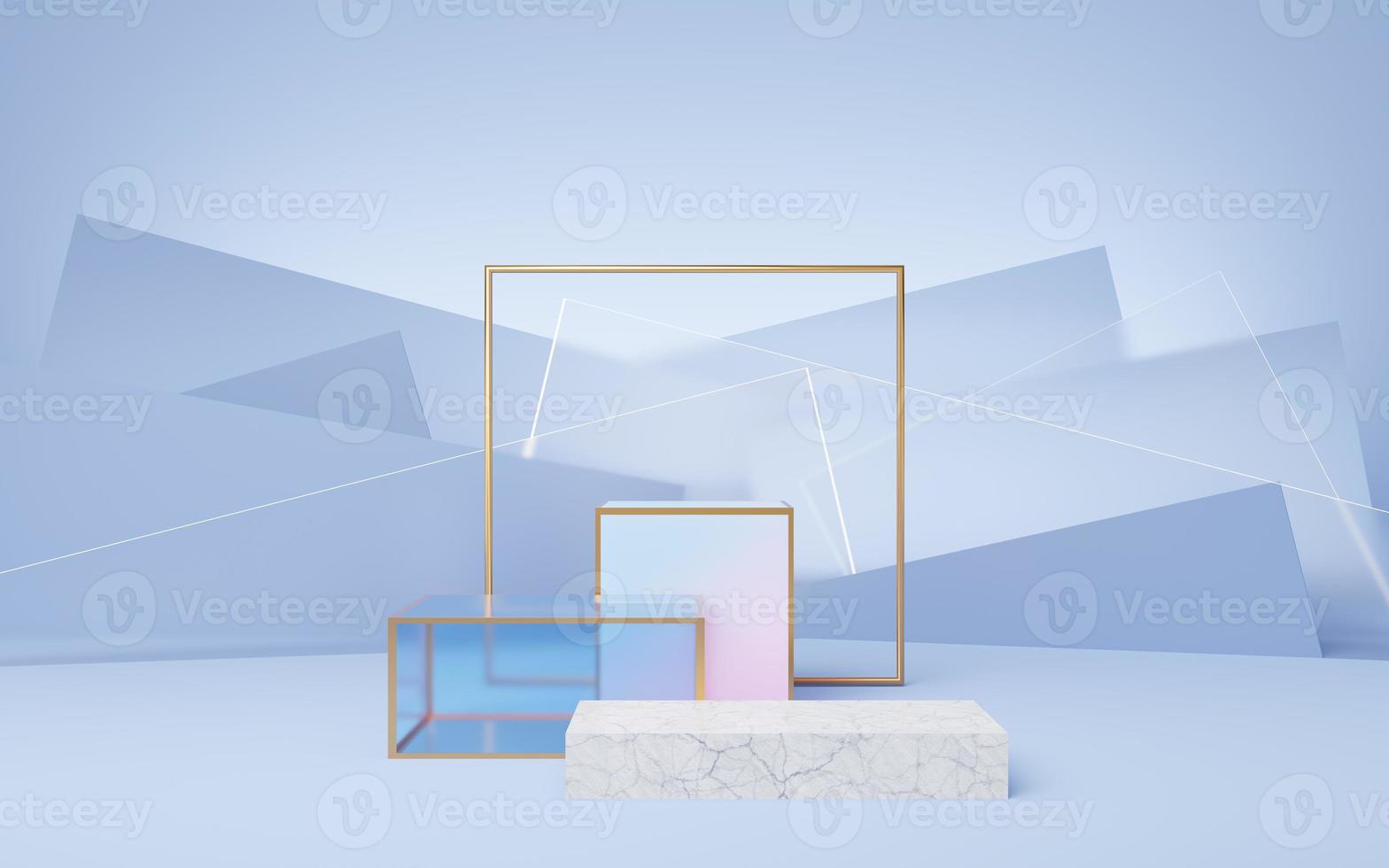 3 Empty white marble cube podium with gold frame placed against blue pastel, glass wall background. Pedestal pastel minimal geometric showcase mockup. Stage for display of product design. 3d render. photo