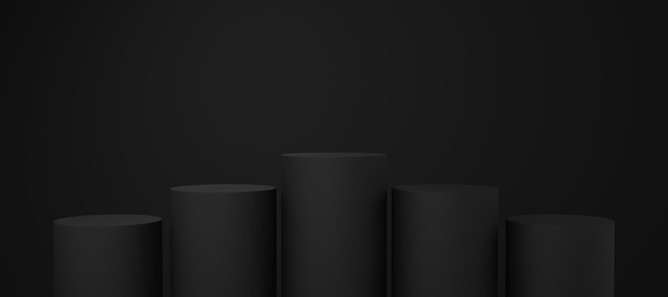 5 Empty black cylinder podium floating on black copy space background. Abstract minimal studio 3d geometric shape object. Monotone pedestal mockup space for display of product design. 3d rendering. photo