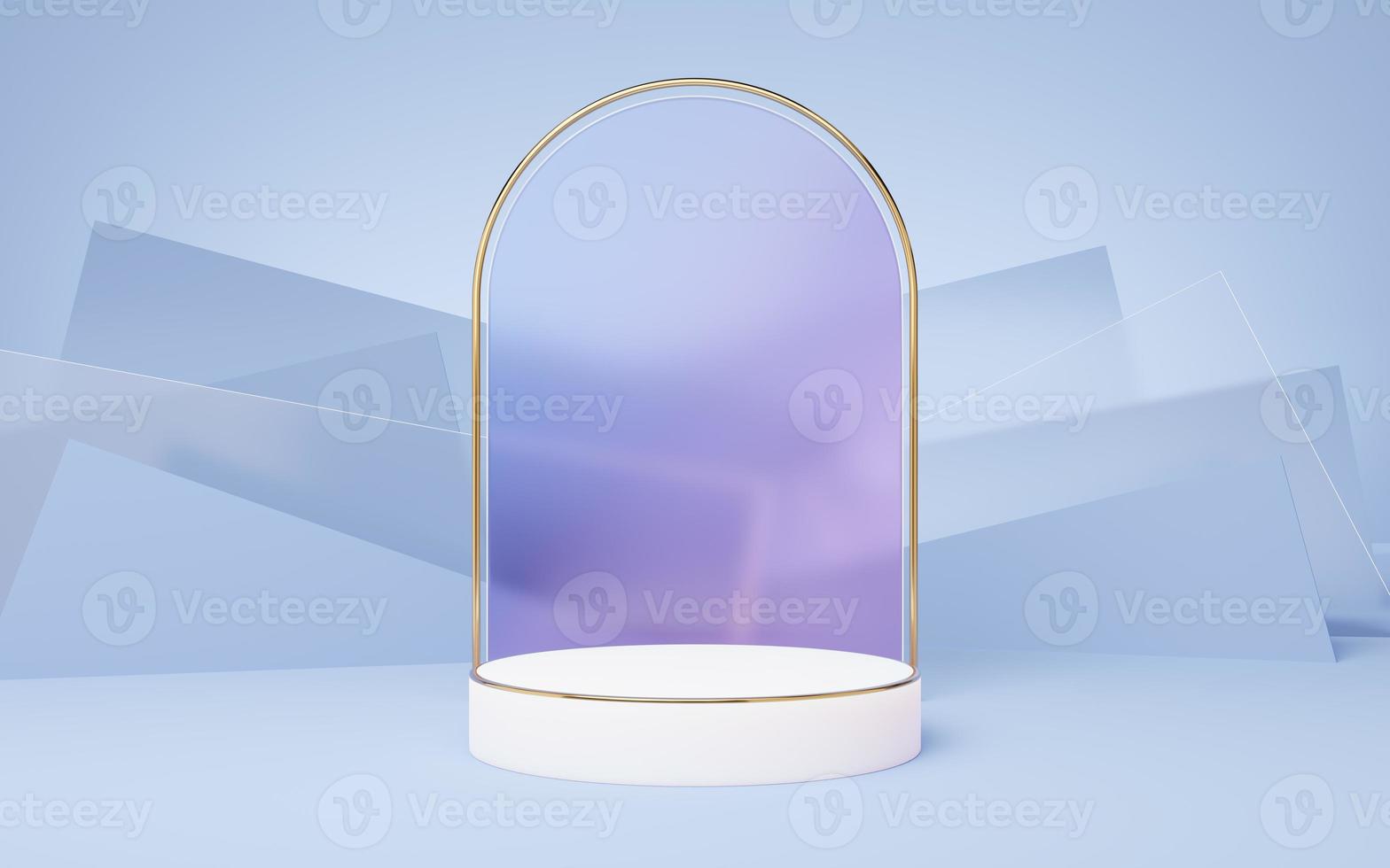 Empty white marble cylinder podium with gold frame placed against blue pastel, glass wall background. Pedestal pastel minimal geometric showcase mockup. Stage for display of product design. 3d render. photo