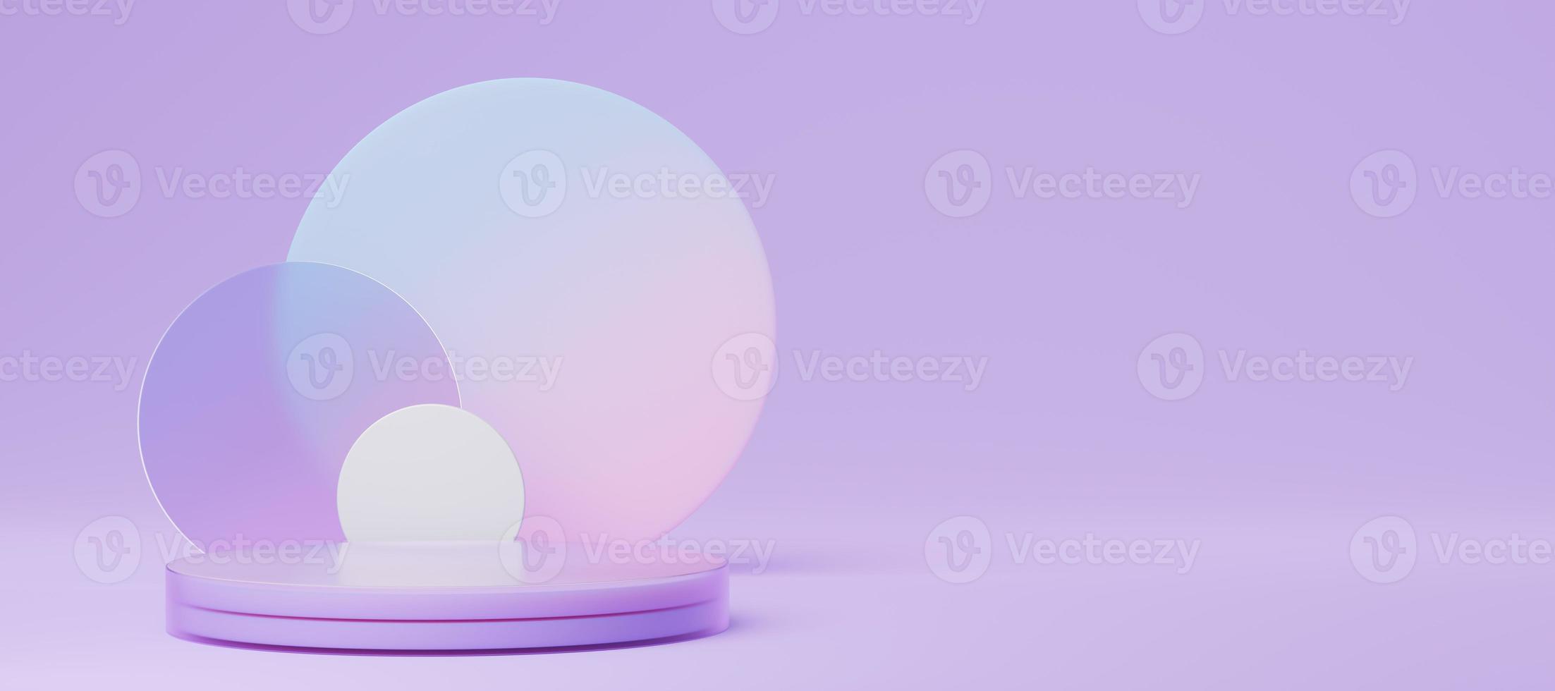 Empty glass cylinder podium with purple blue translucent round glass, copy space background. Abstract geometric. Pedestal pastel minimal showcase mockup. Stage for display of product design. 3d render photo