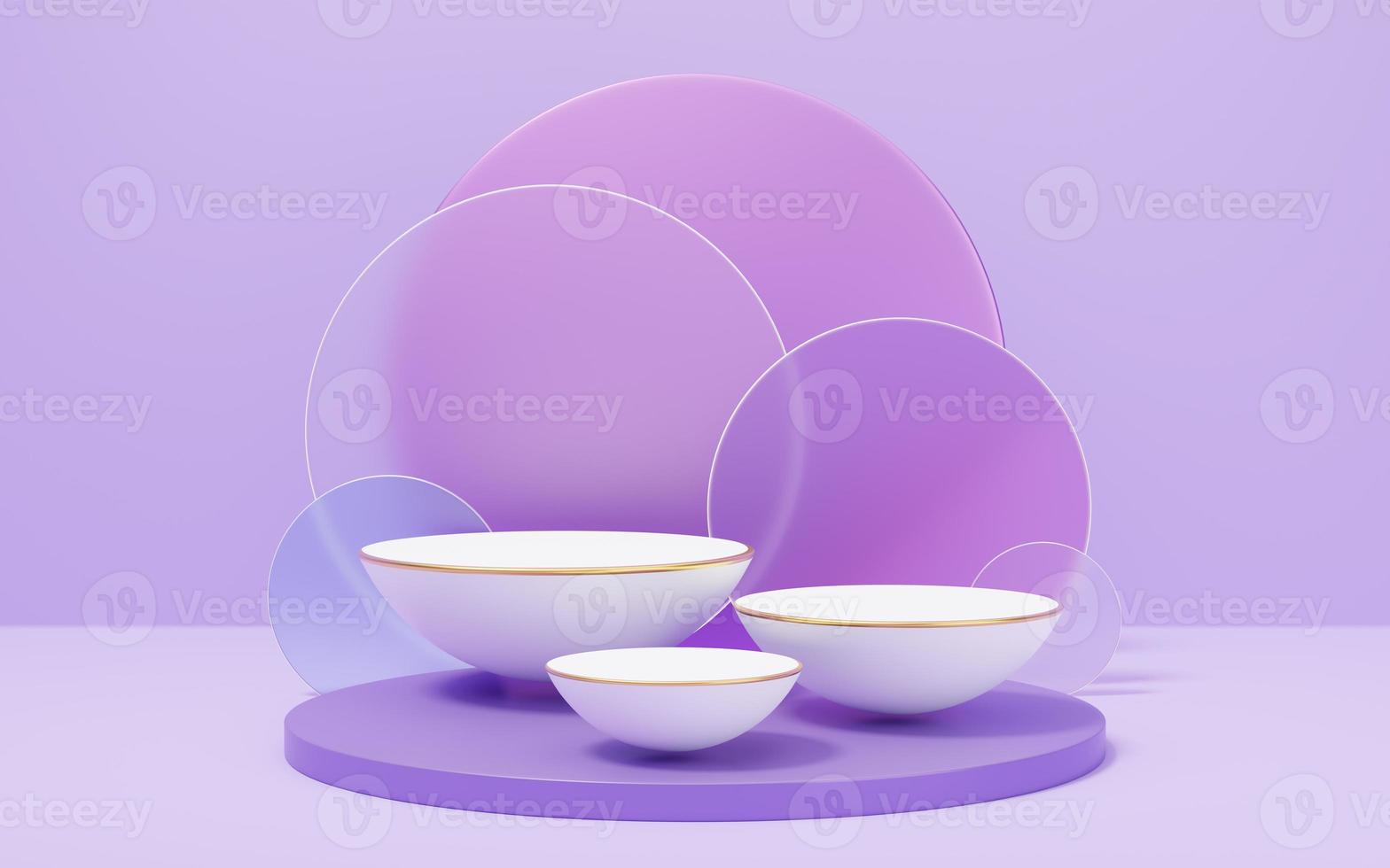 3 white half sphere podium with gold border on glass arch circle purple background. Empty pedestal mockup space for display product design. Abstract minimal studio geometric shape object. 3d render. photo