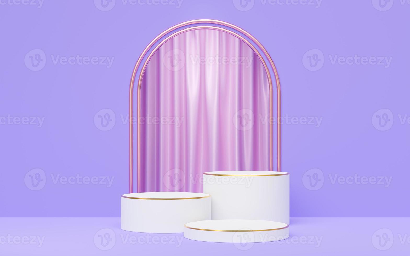 3d white cylinder podium with gold border on purple arch, pink curtain background. 3 Empty pedestal mockup space for display product design. Abstract minimal studio geometric shape object. 3d render. photo