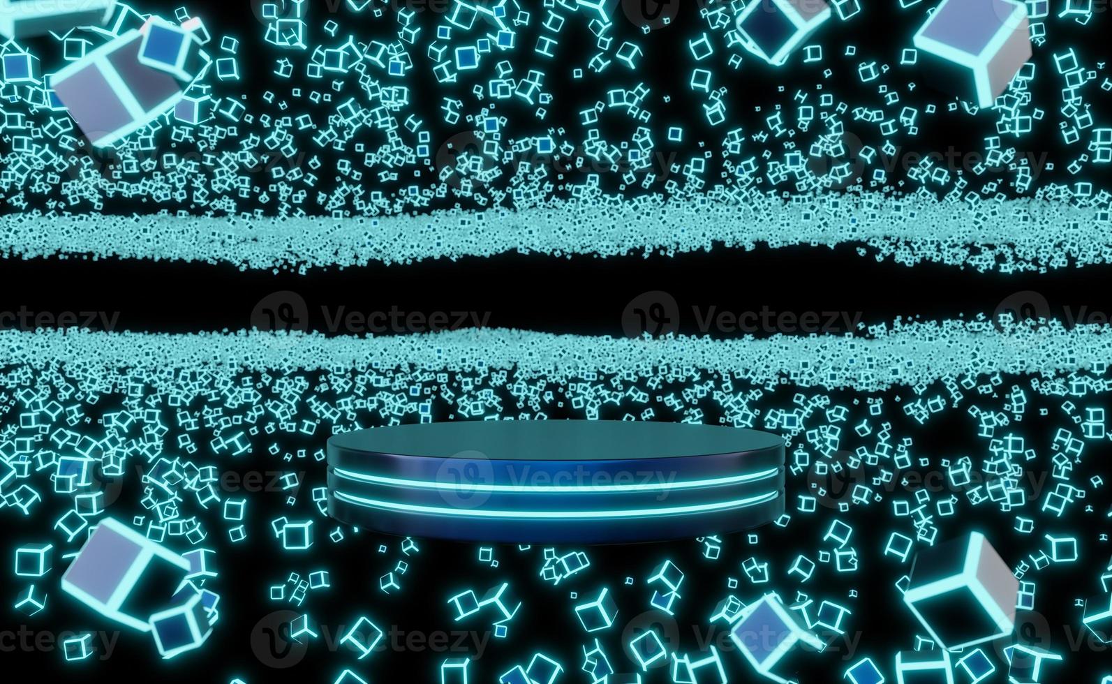 Empty blue metallic cylinder podium floating with particles neon box on black background. Pedestal mockup space for modern and technology. Mockup space of digital future product design. 3d render. photo