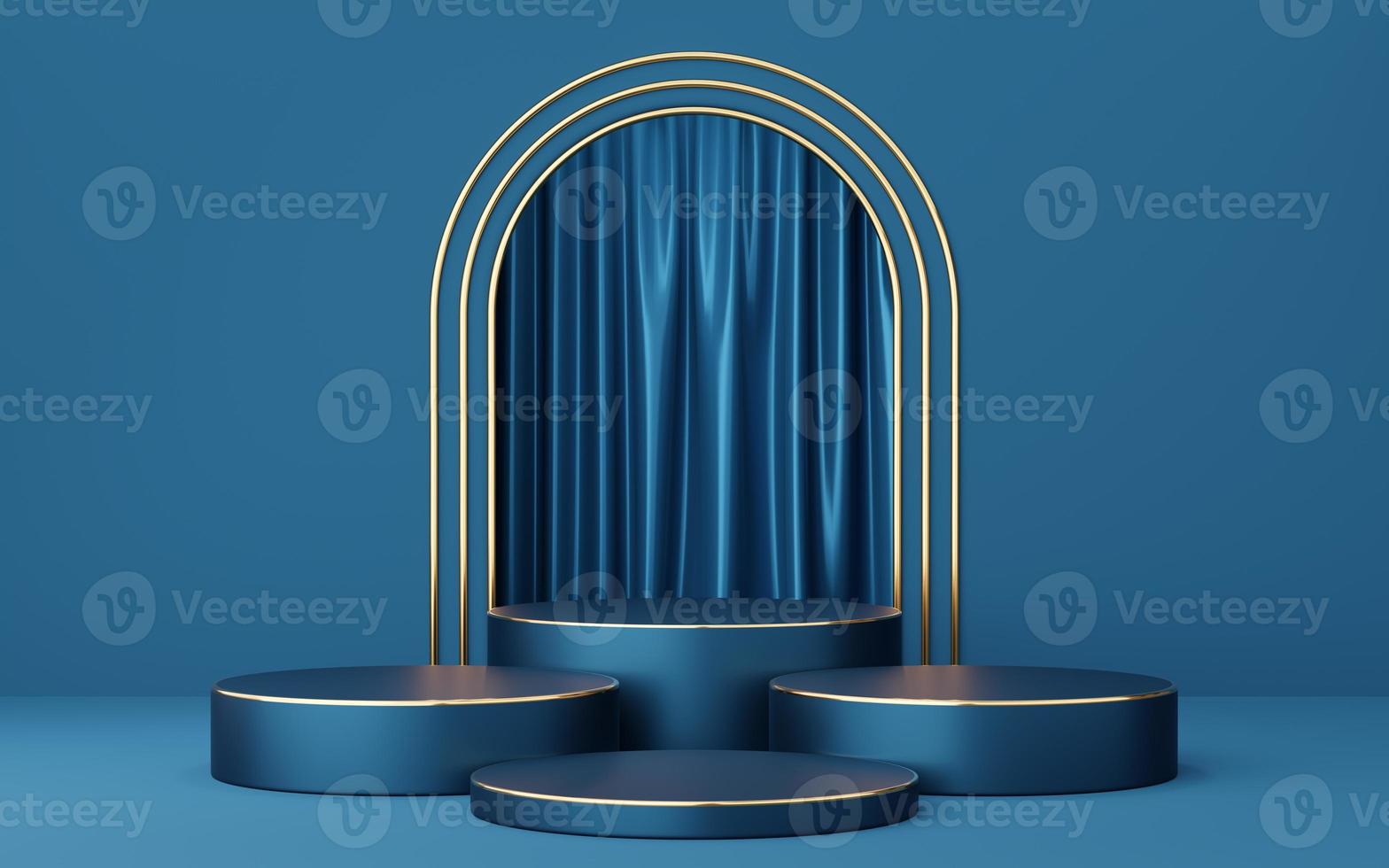 4 Empty blue cylinder podium with gold border on blue arch and curtain background. Abstract minimal studio 3d geometric shape object. Mockup space for display of product design. 3d rendering. photo