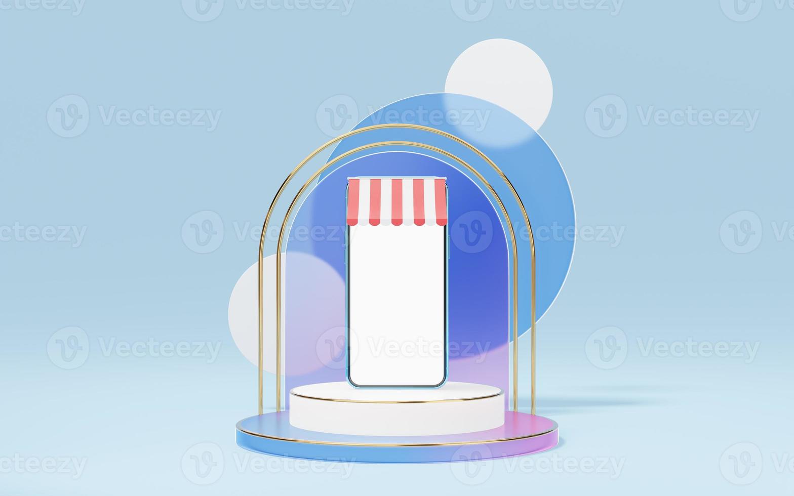 Blue mobile phone with awning on white marble cylinder podium with gold border, circle, glass arch background. Digital market online, e commerce concept. smartphone with blank white screen. 3d render. photo
