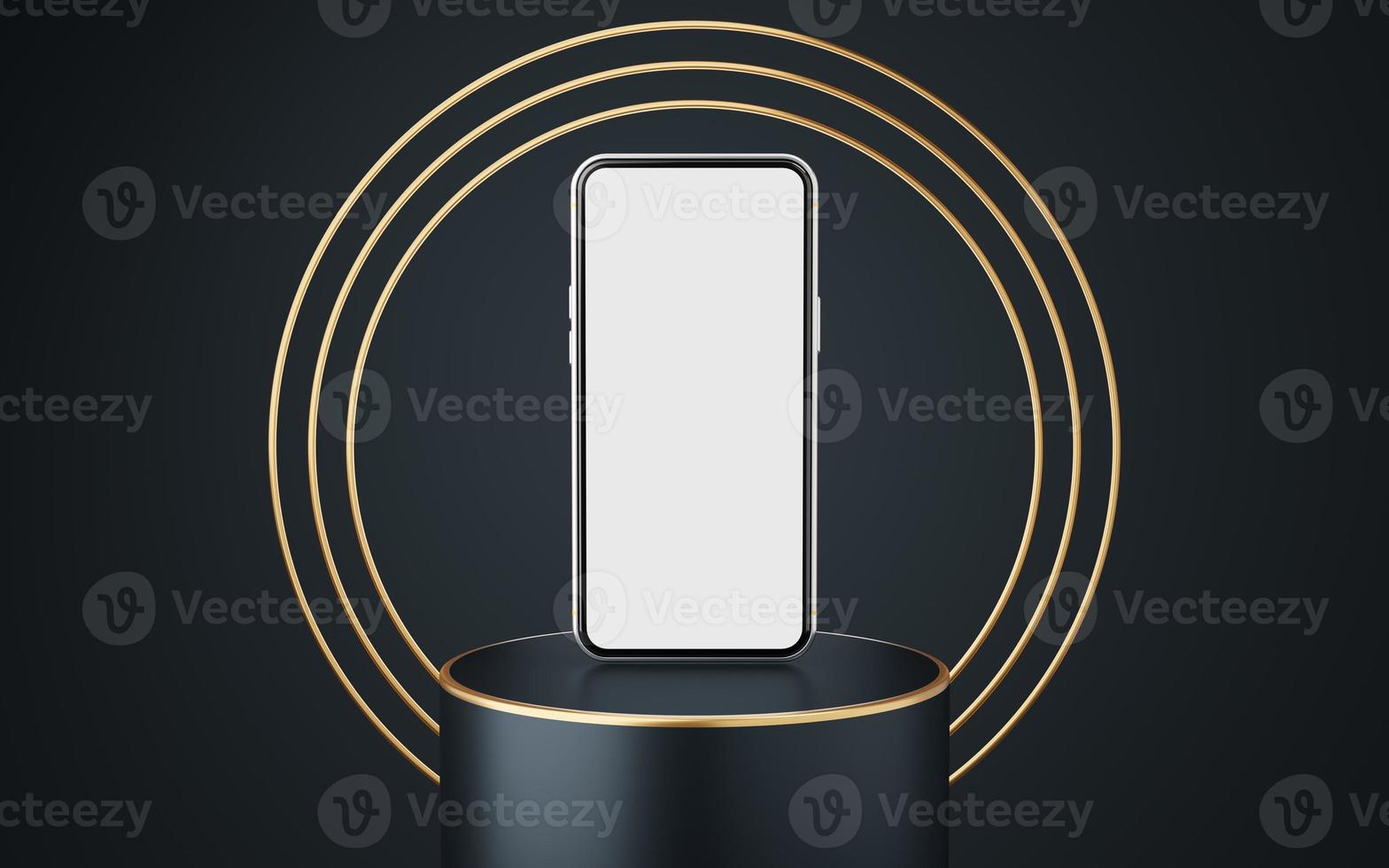 Silver mobile phone on gray cylinder podium with gold border and 3 copper circle on black background. Minimal studio. Pedestal mock up space for modern. smartphone with blank white screen. 3d render. photo