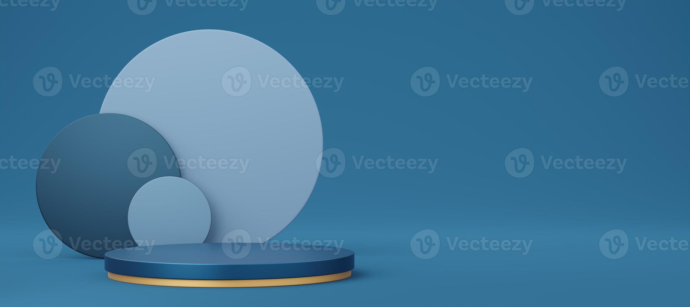 Empty blue cylinder podium with gold border and circle on copy space background. Abstract pastel minimal studio 3d geometric shape. Mockup space for display of product design. 3d rendering. photo