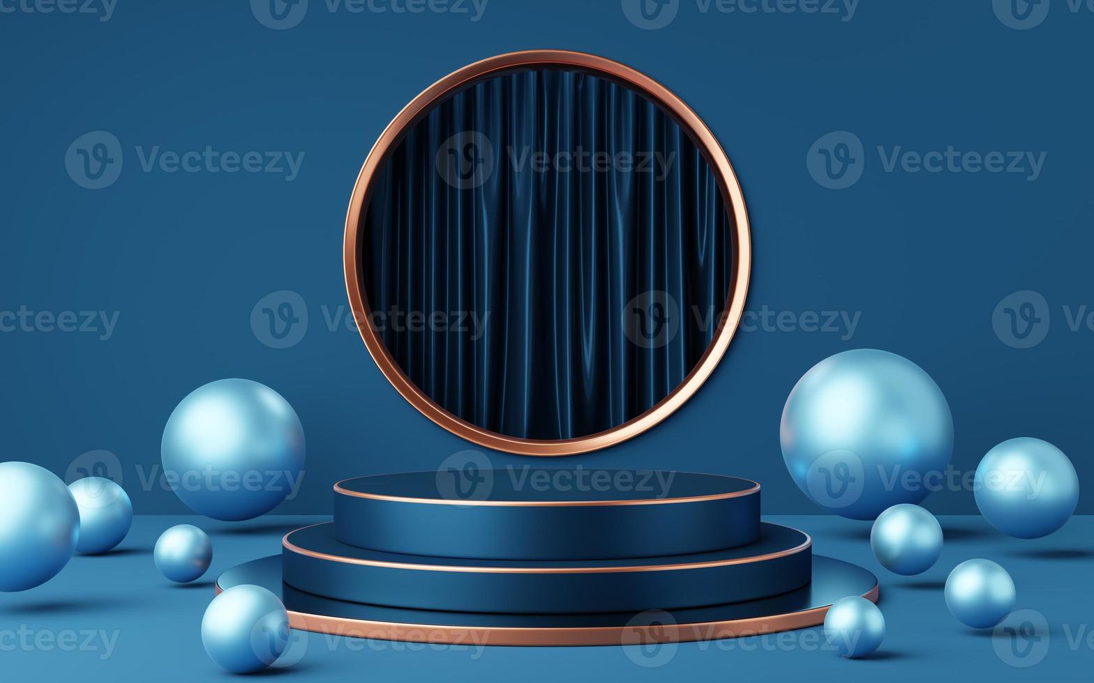 Empty blue and black cylinder podium with copper border, ball on gold circle arch, curtain background. Abstract minimal studio geometric shape. Pedestal mockup space for product design. 3d rendering. photo