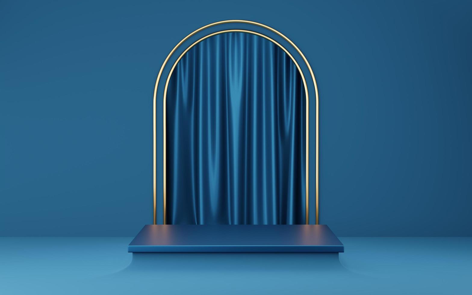 Empty blue cube podium with gold border on blue arch and curtain background. Abstract minimal studio 3d geometric shape object. Mockup space for display of product design. 3d rendering. photo