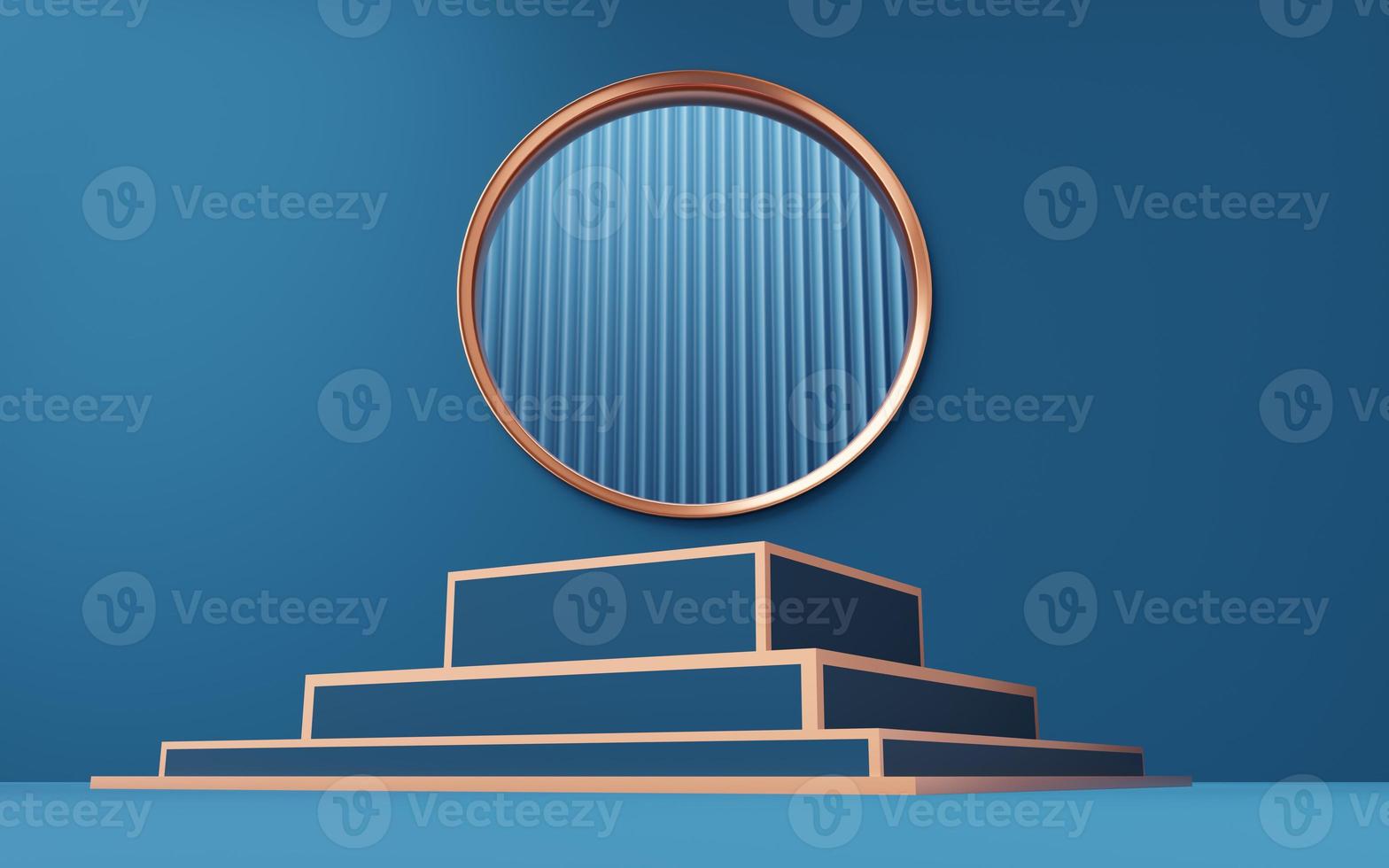 Empty blue cube podium with gold border on copper circle arch and curtain background. Abstract minimal studio 3d geometric shape object. Pedestal mockup space for display. 3d rendering. photo