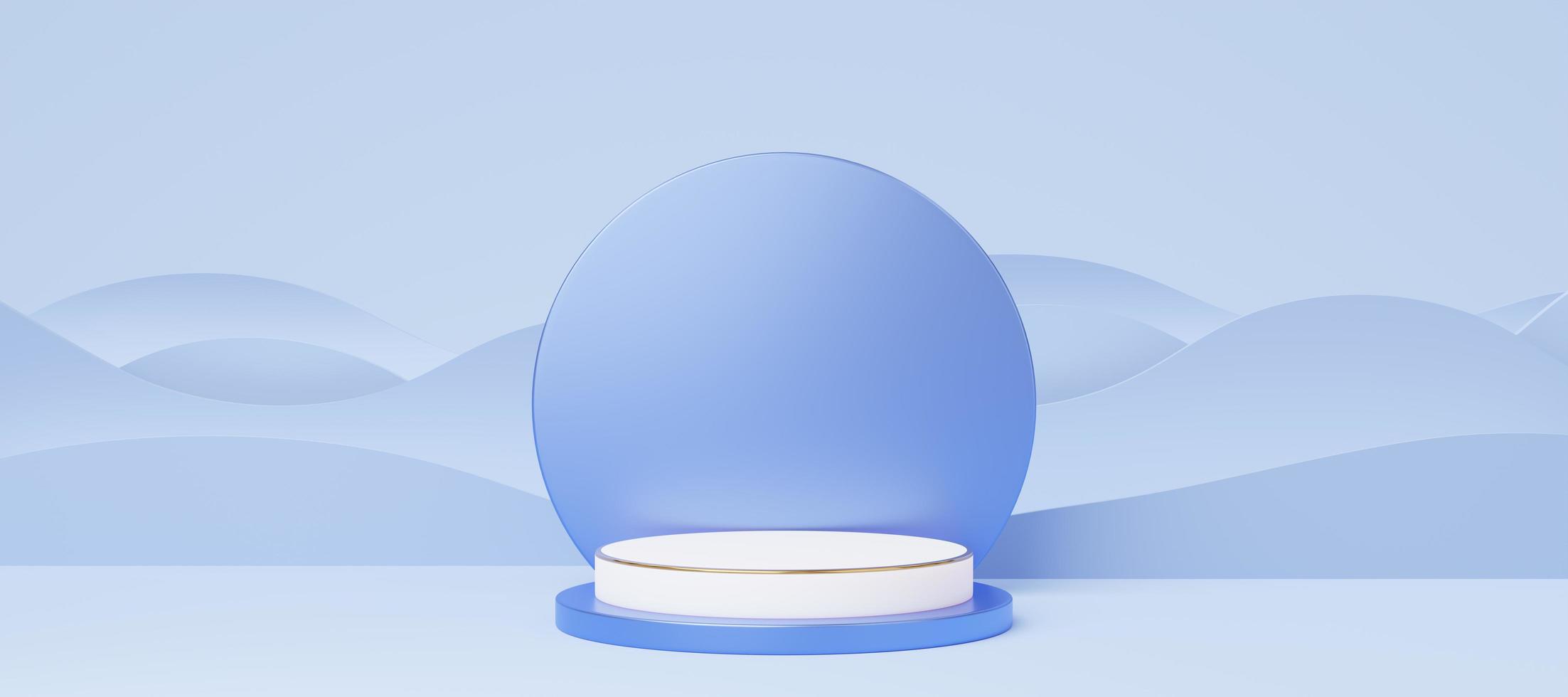 Empty white cylinder podium with gold border on blue wave background. Abstract pastel minimal studio 3d geometric shape. Mockup space for display of product design. Paper cut style. 3d rendering. photo