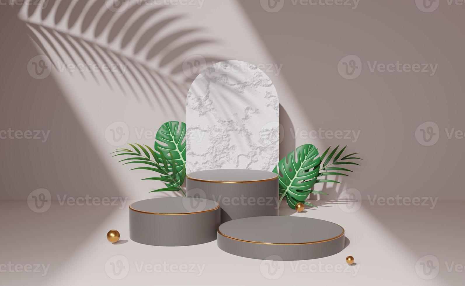 Empty gray cylinder podium with white concrete arch, green palm leaf, ball on old rose background. Abstract pastel minimal studio. Mockup space for cosmetic display design. 3d rendering. photo
