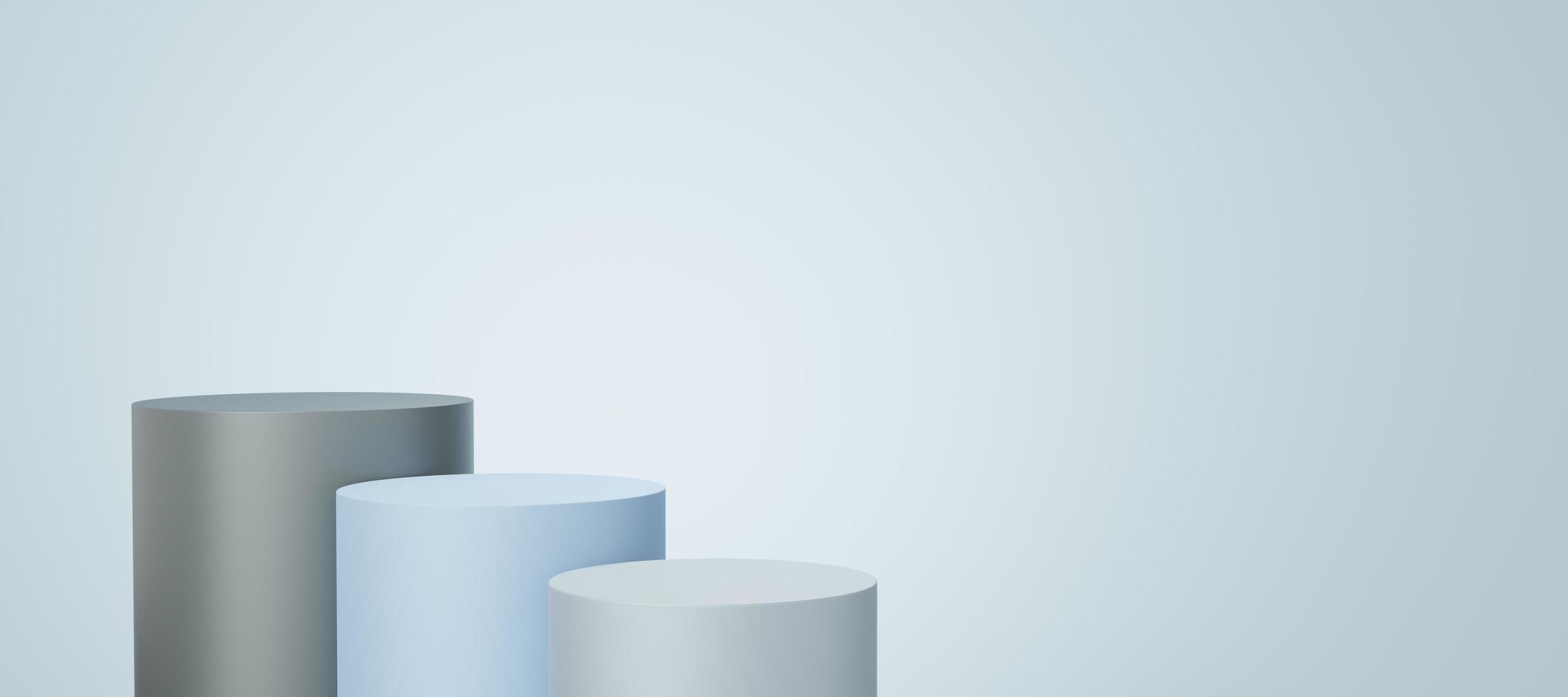 3 Empty gray and blue cylinder podium floating on white copy space background. Abstract minimal studio 3d geometric shape object. Pedestal mockup space for display of product design. 3d rendering. photo