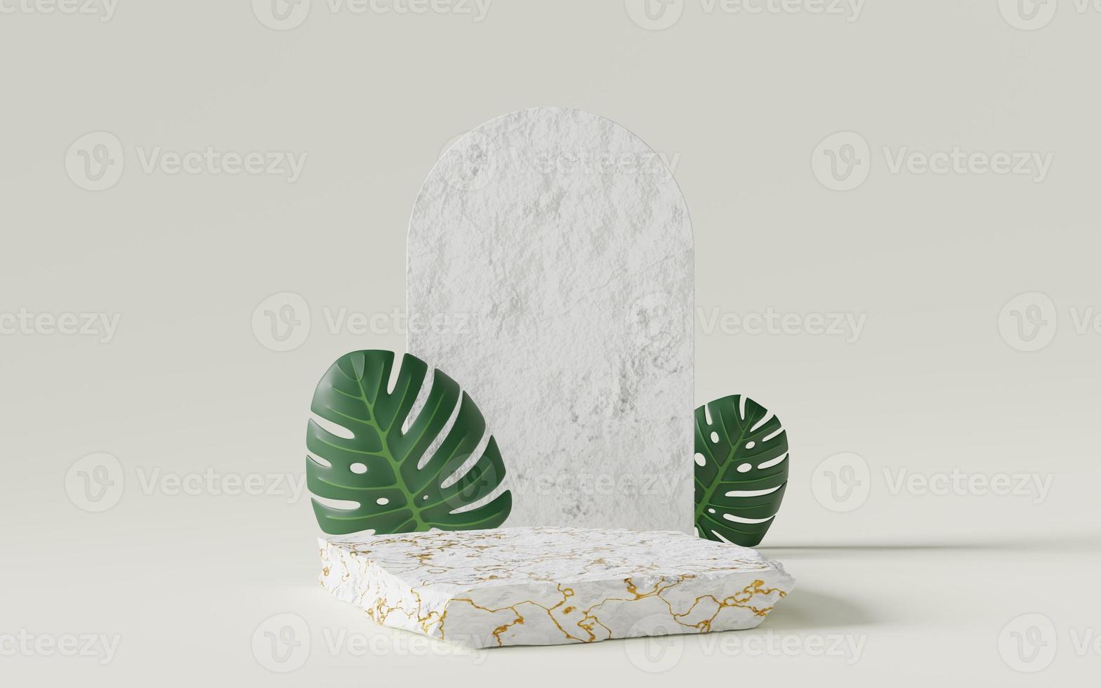 Empty White stone podium with concrete arch, monstera deliciosa leaf on copy space background. Abstract pastel minimal studio. Mockup space for cosmetic display design. 3d rendering. photo