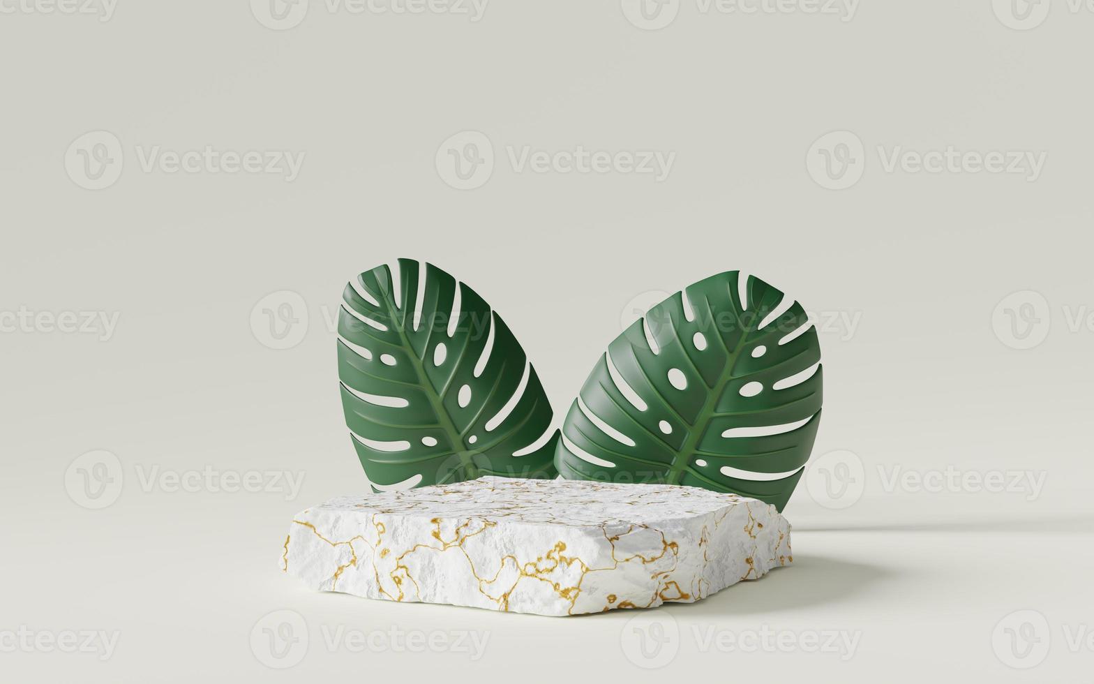 podio de piedra blanca vacía con hoja de monstera deliciosa en el fondo del espacio de copia. estudio minimalista pastel abstracto. espacio de maqueta para el diseño de exhibición cosmética. representación 3d foto