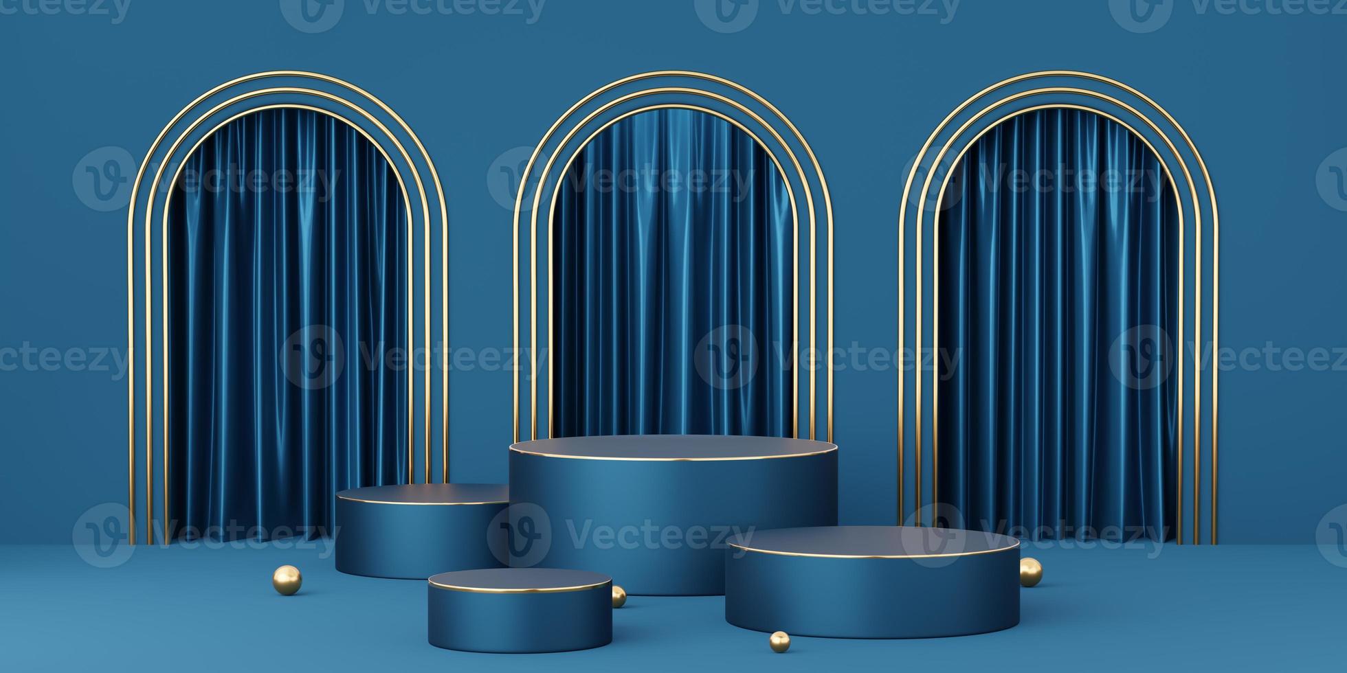 4 Empty blue cylinder podium with gold border, ball on blue arch and curtain background. Abstract minimal studio 3d geometric shape object. Mockup space for display of product design. 3d rendering. photo