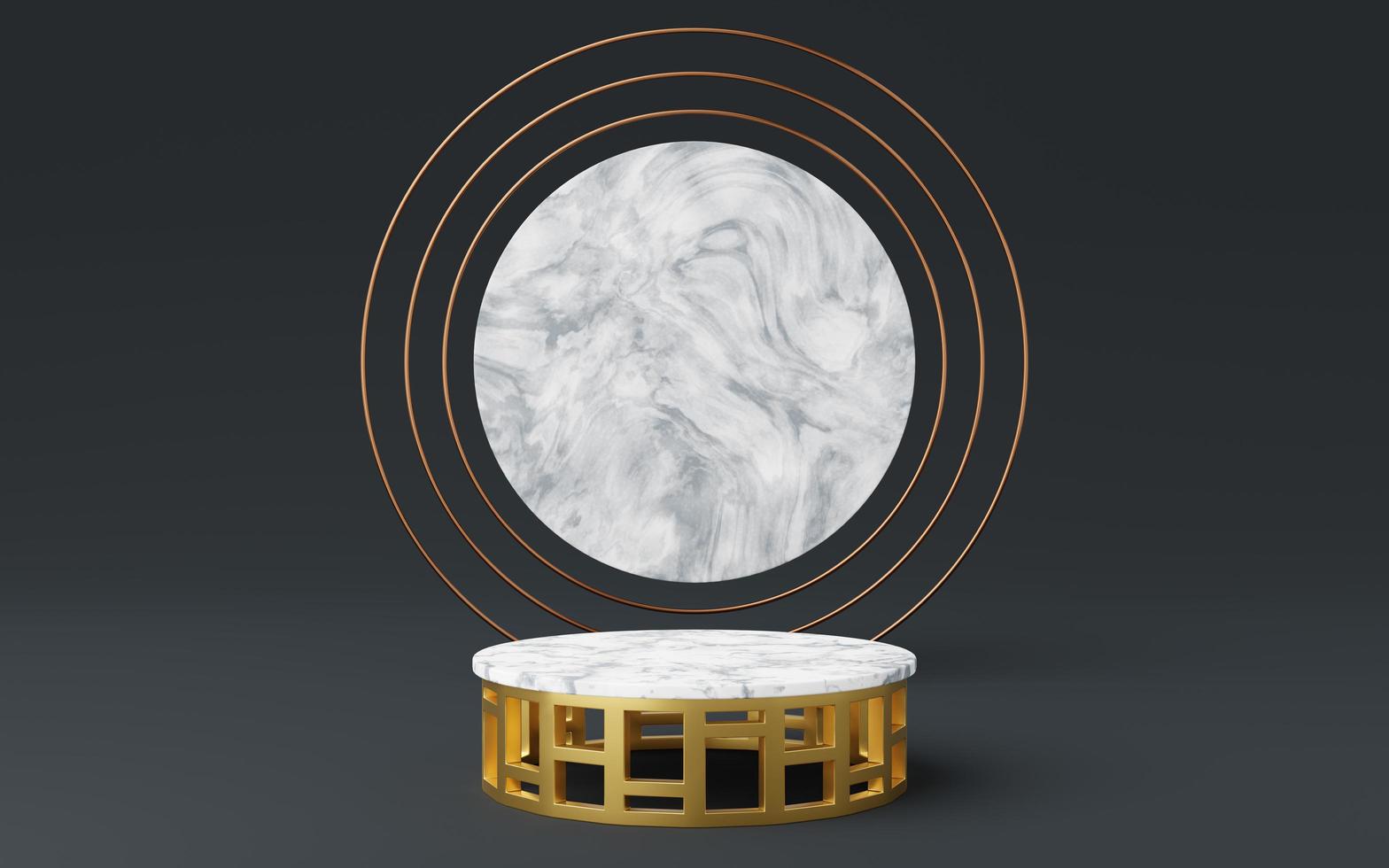 Empty white marble cylinder podium with gold table and copper circle on gray background. Abstract minimal studio 3d geometric shape object. Mockup space for display of product design. 3d rendering. photo