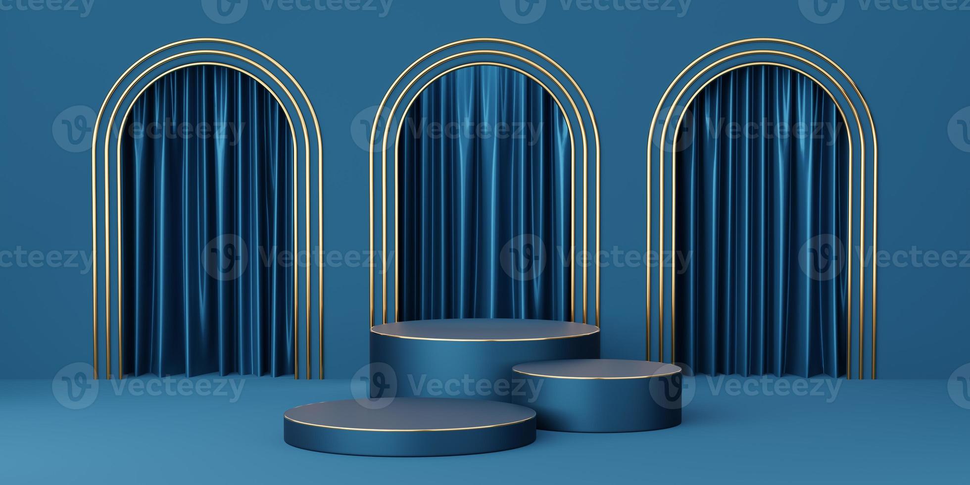 3 Empty blue cylinder podium with gold border on blue arch and curtain background. Abstract minimal studio 3d geometric shape object. Mockup space for display of product design. 3d rendering. photo