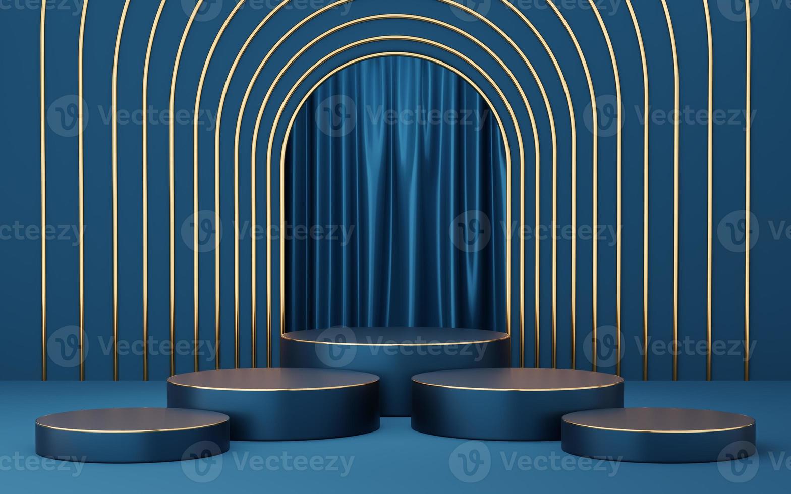 5 Empty blue cylinder podium with gold border on blue arch and curtain background. Abstract minimal studio 3d geometric shape object. Mockup space for display of product design. 3d rendering. photo