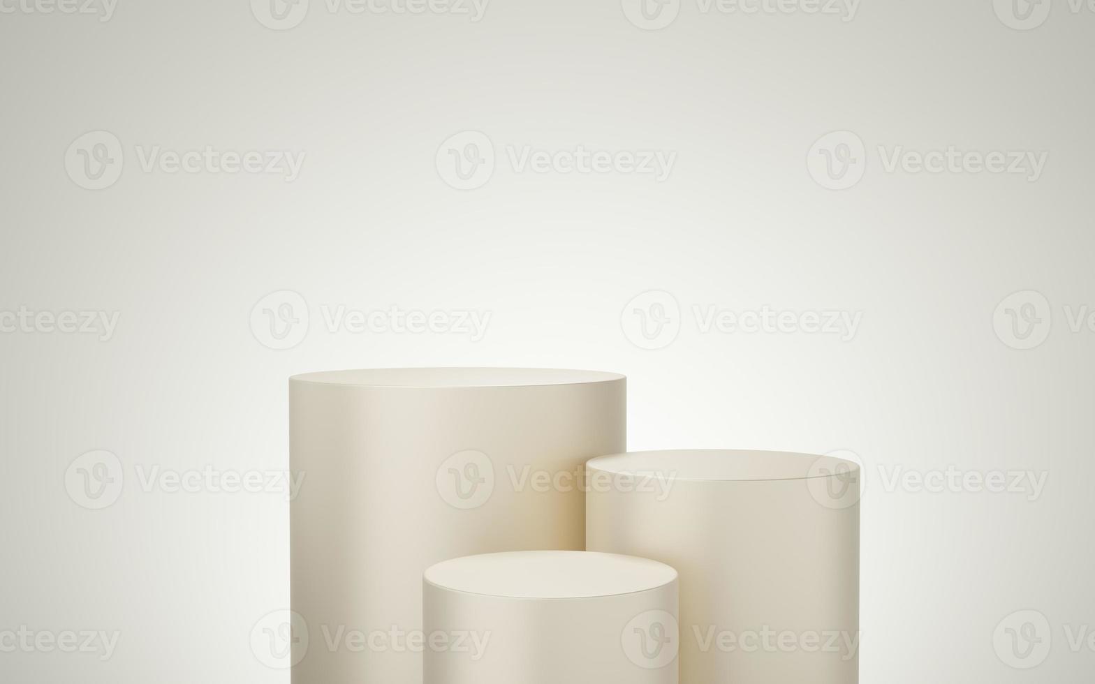 3 Empty yellow or cream cylinder podium floating on bone white copy space background. Abstract minimal studio 3d geometric shape object. Pedestal mockup space for display of product design. 3d render. photo