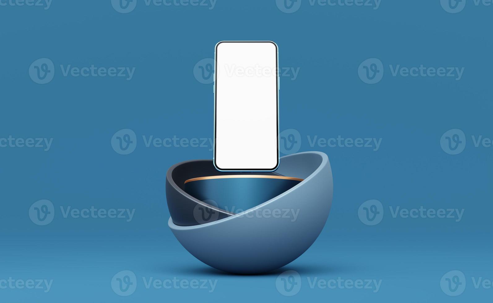 Blue mobile phone floating on cylinder podium with gold border in half sphere on blue background. Pedestal mockup space for luxury display. smartphone with blank white screen. 3d rendering. photo