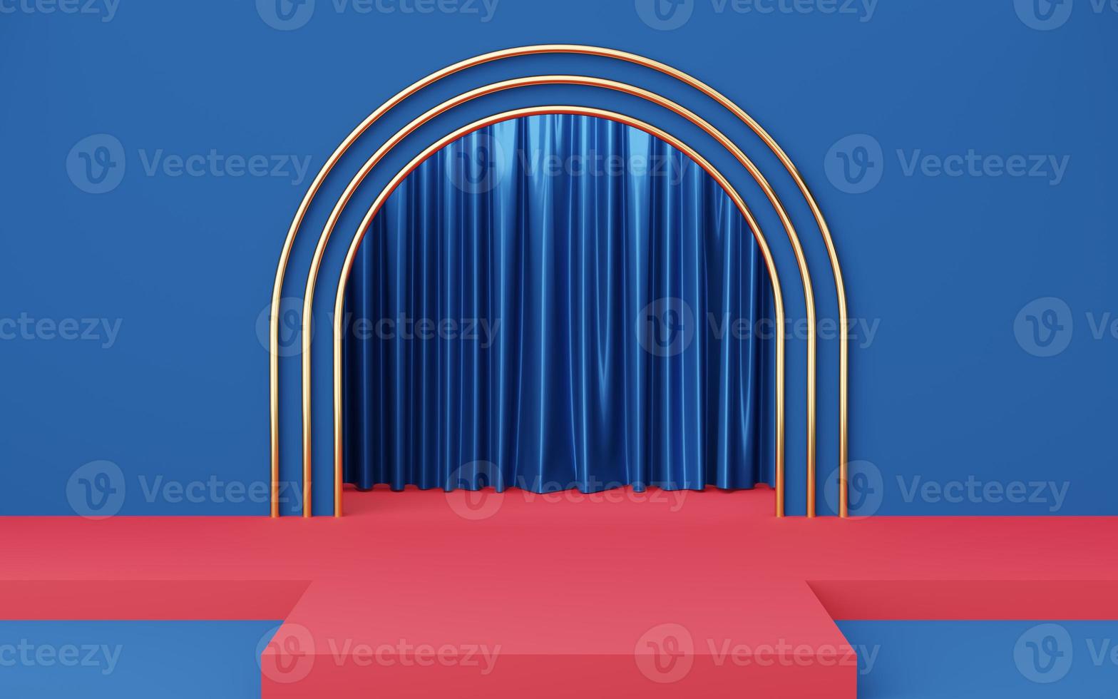 3 Empty red catwalk or podium on gold arch and blue curtain background. Abstract minimal studio 3d geometric shape object. Mockup space for display of product design. 3d rendering. photo