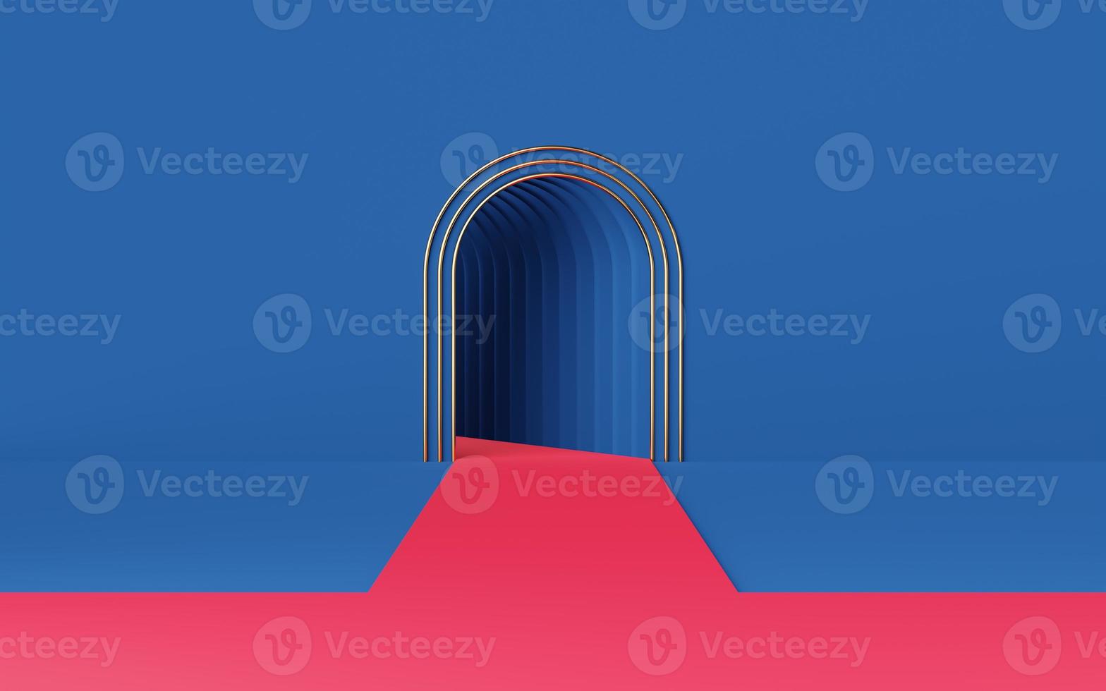 Empty red catwalk or podium on blue arch and gold tube. Abstract minimal studio 3d geometric shape object. Mockup space for display of product design. 3d rendering. photo