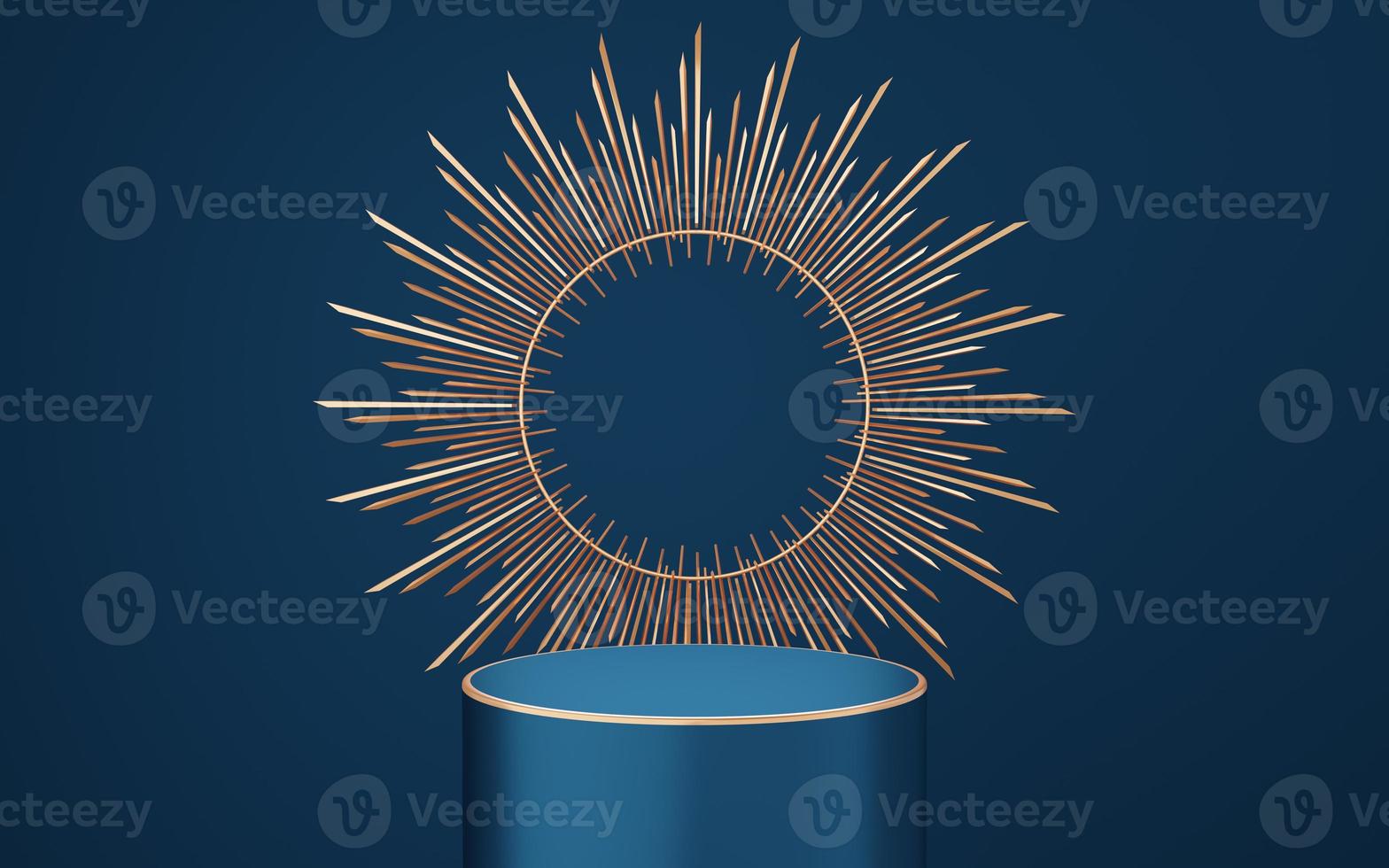 Empty blue cylinder podium with gold border and spiked halo circle on blue background. Abstract minimal studio 3d geometric shape object. Pedestal mockup space for luxury display. 3d rendering. photo