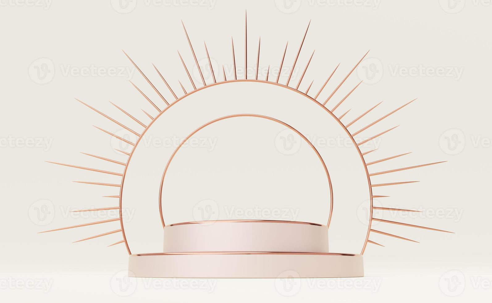 Empty old rose cylinder podium with copper border and spiked halo circle on blue background. Abstract minimal studio 3d geometric shape object. Pedestal mockup space for luxury display. 3d rendering. photo