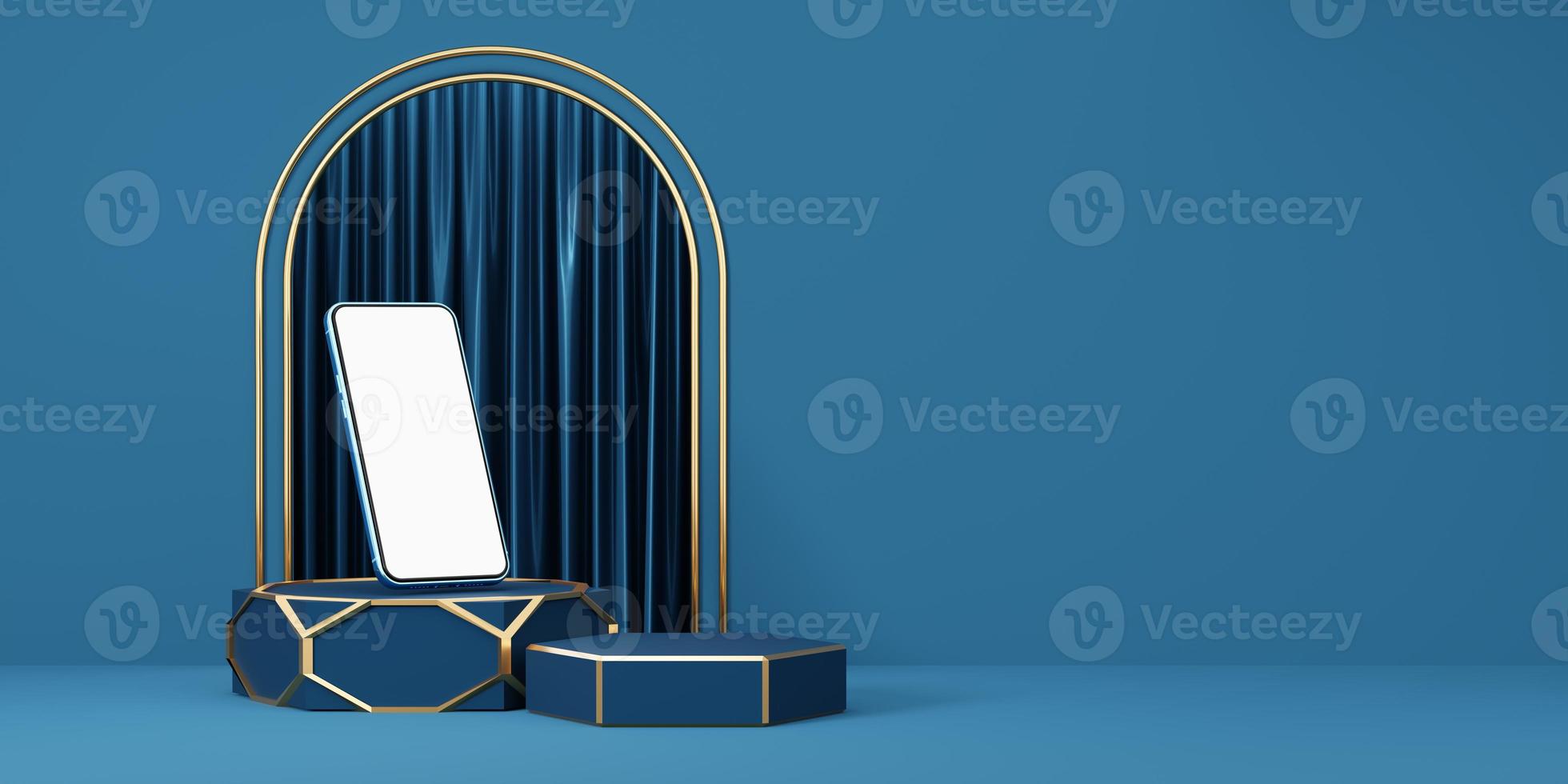 Blue mobile phone on hexagon podium with gold border on arch, curtain and copy space background. Pedestal mockup space for luxury and modern. Smartphone with blank white screen. 3d rendering. photo