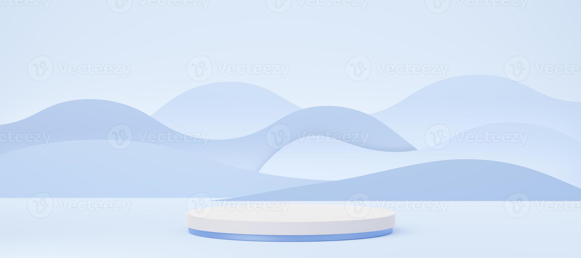 Empty white cylinder podium on blue wave background. Abstract pastel minimal studio 3d geometric shape. Mockup space for display of product design. Paper cut style. 3d rendering. photo