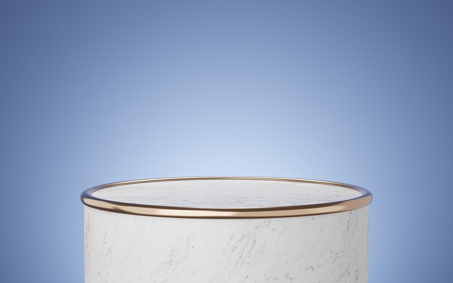 Empty white marble cylinder podium with gold border floating on blue copy space background. Abstract minimal studio 3d geometric object. Pedestal mockup space for display of product design. 3d render. photo