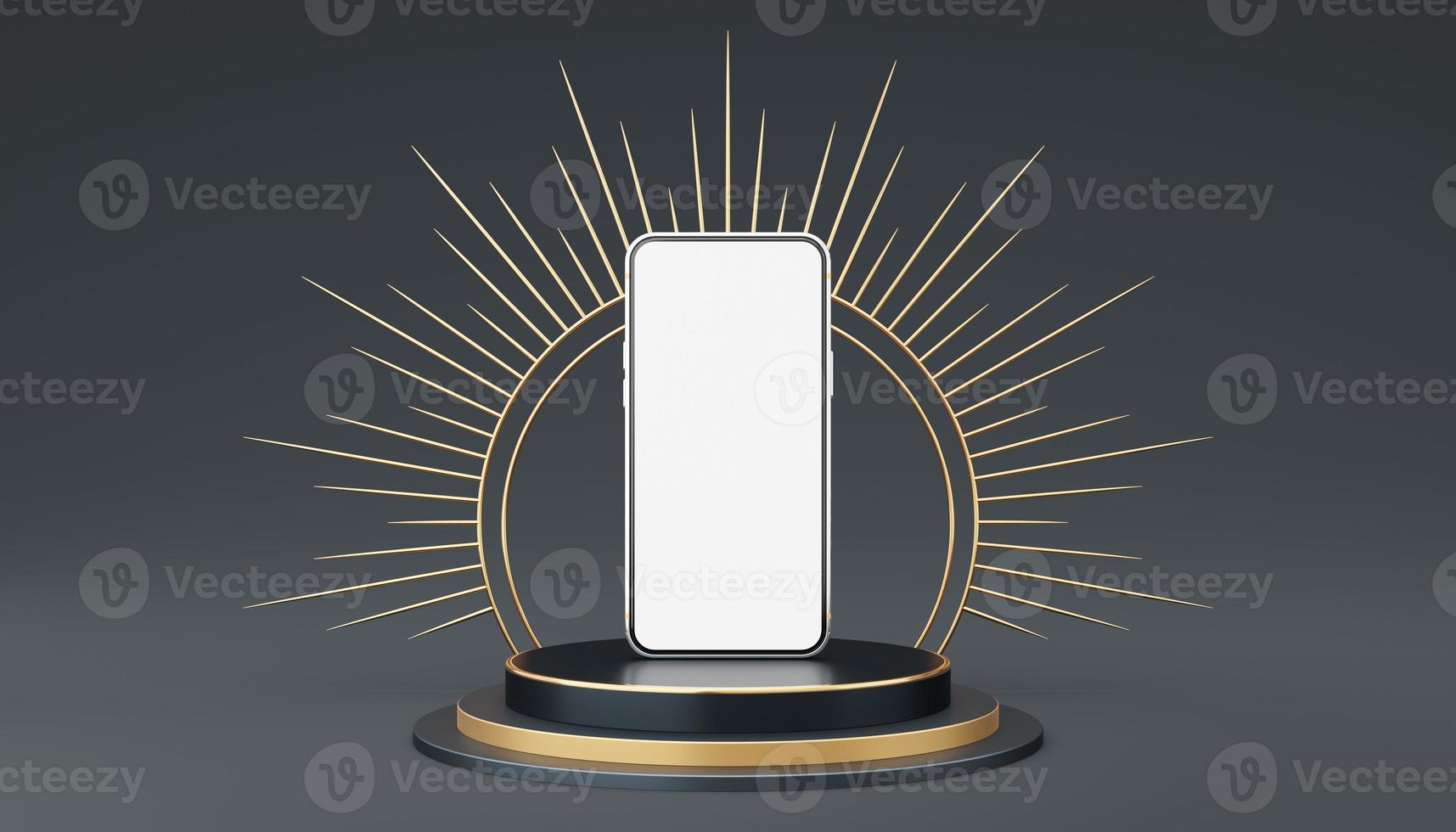 Silver mobile phone on gray cylinder podium with gold border and spiked halo circle on black background. Pedestal mockup space for luxury and modern. smartphone with blank white screen. 3d rendering. photo