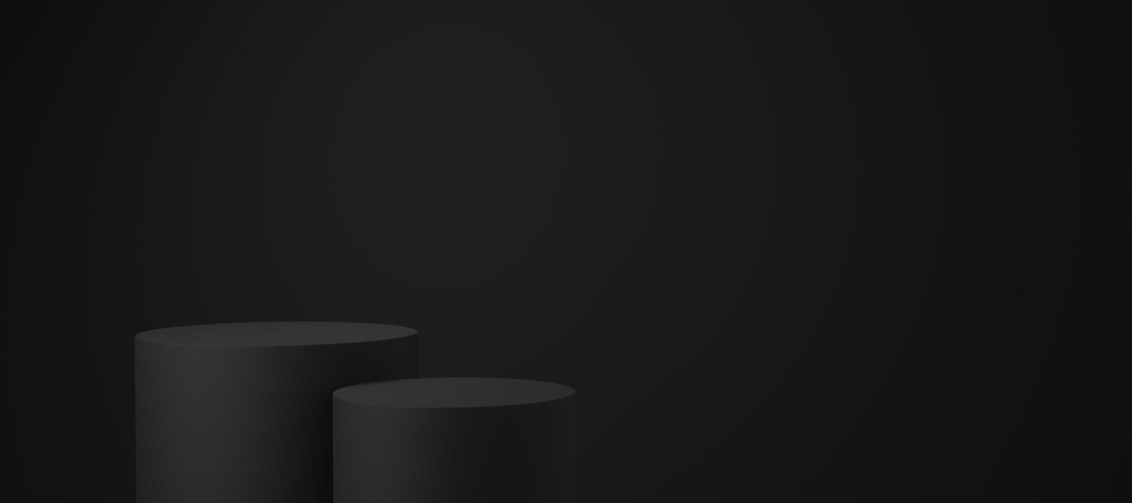 Empty black cylinder podium floating on black copy space background. Abstract minimal studio 3d geometric shape object. Monotone pedestal mockup space for display of product design. 3d rendering. photo