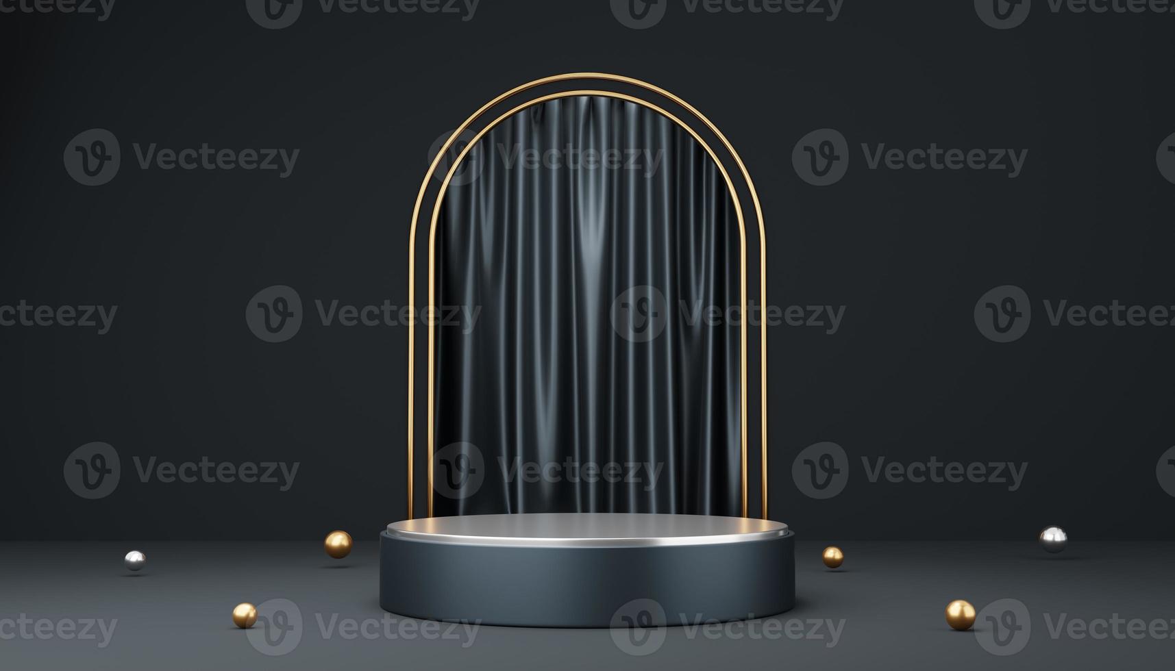 Empty black, silver cylinder podium with ball on black arch and curtain background. Abstract minimal studio geometric shape object. Pedestal mockup space for display of product design. 3d rendering. photo