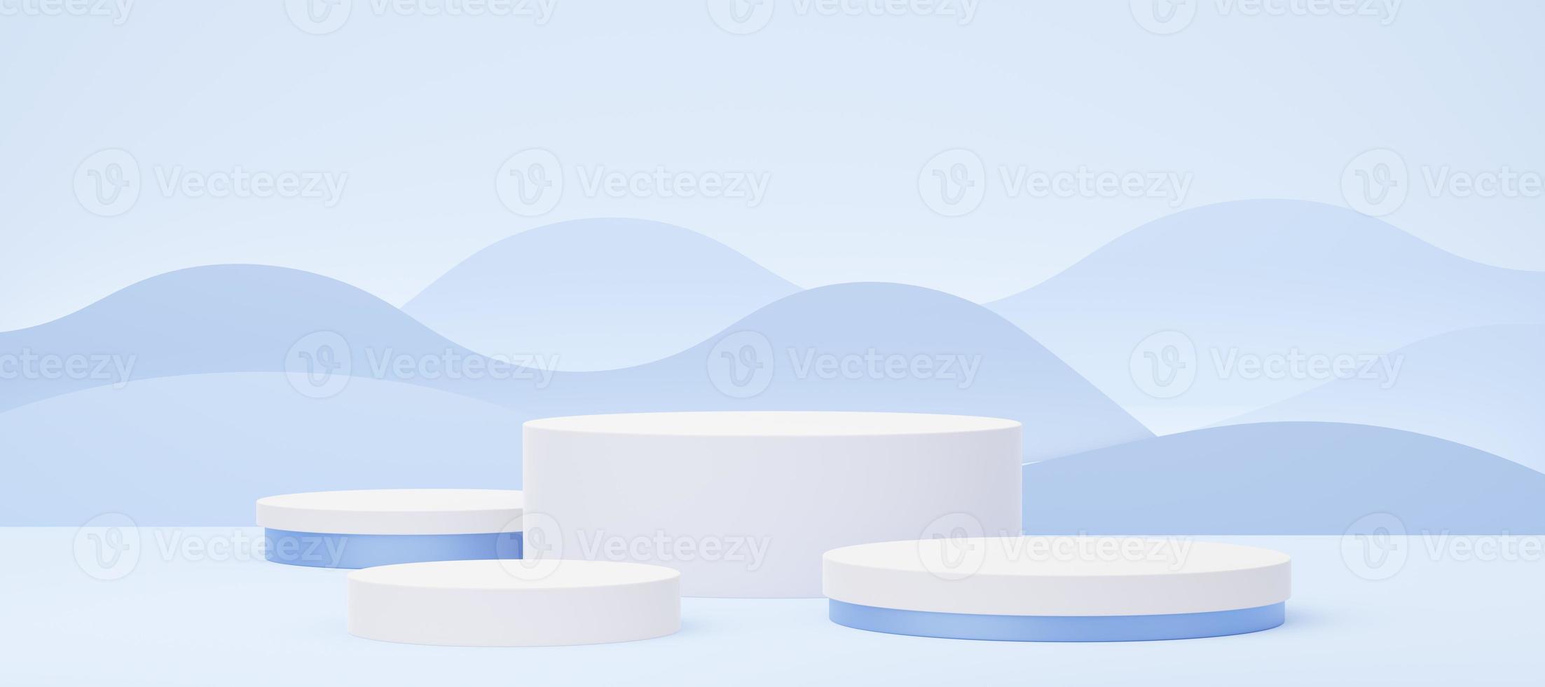 4 Empty white cylinder podium on blue wave background. Abstract pastel minimal studio 3d geometric shape. Mockup space for display of product design. Paper cut style. 3d rendering. photo