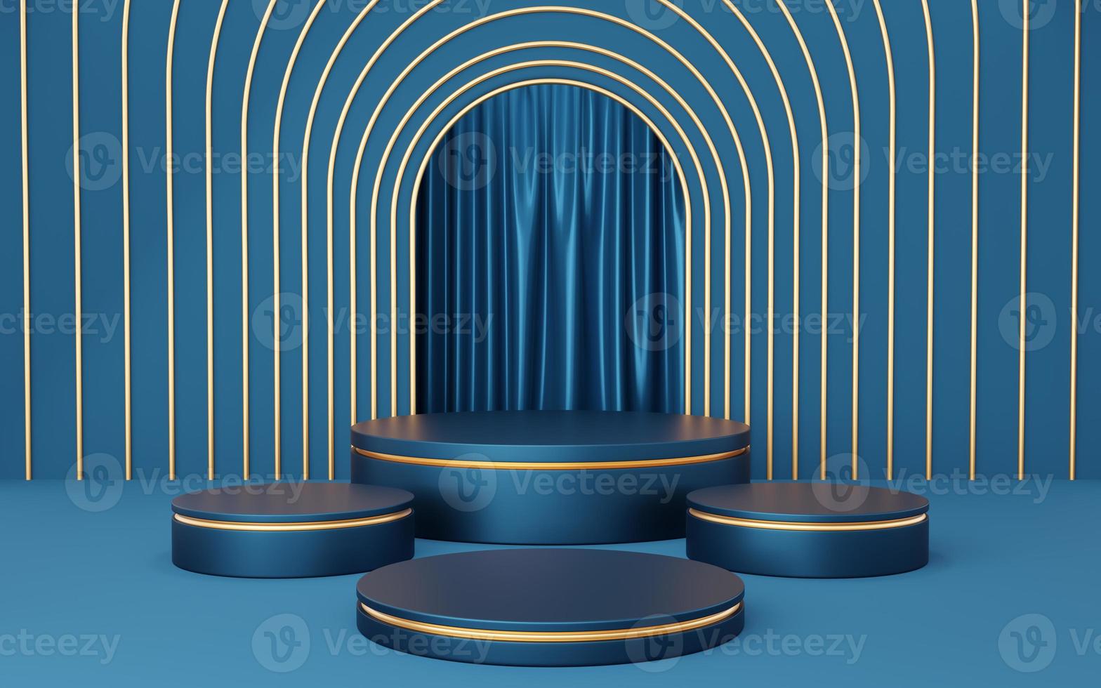 4 Empty blue cylinder podium with gold border on blue arch and curtain background. Abstract minimal studio 3d geometric shape object. Mockup space for display of product design. 3d rendering. photo