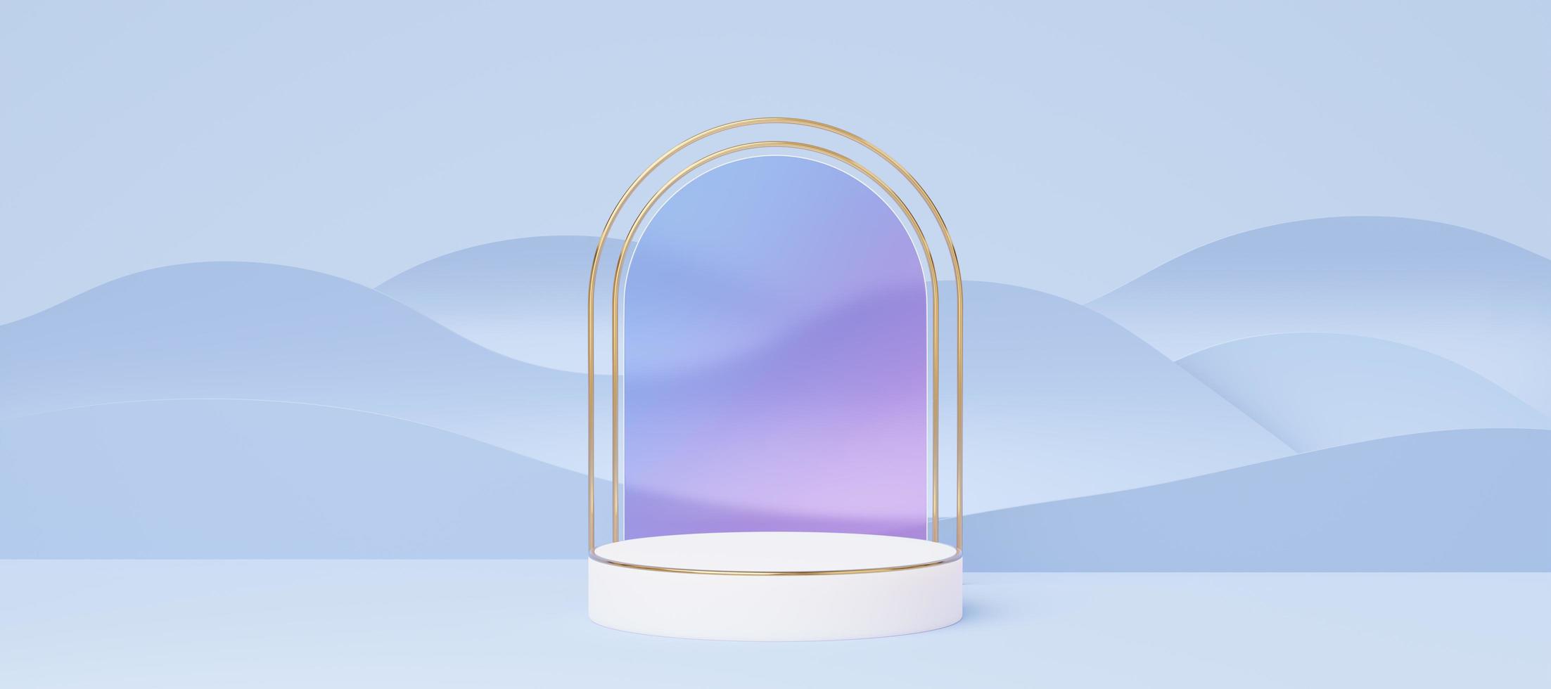 Empty white marble cylinder podium with gold border, circle on glass arch, blue wave background. Abstract minimal studio 3d geometric shape. Mockup space for display of product design. 3d rendering. photo