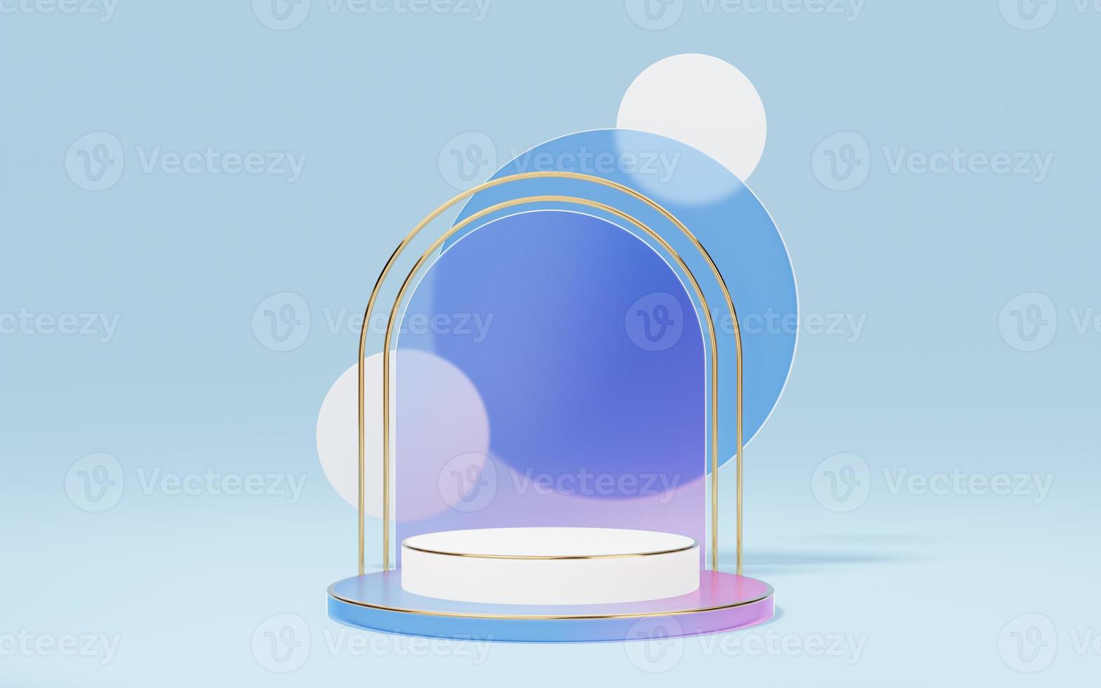 Empty white marble cylinder podium with gold border, circle on glass arch background. Abstract minimal studio 3d geometric shape object. Mockup space for display of product design. 3d rendering. photo