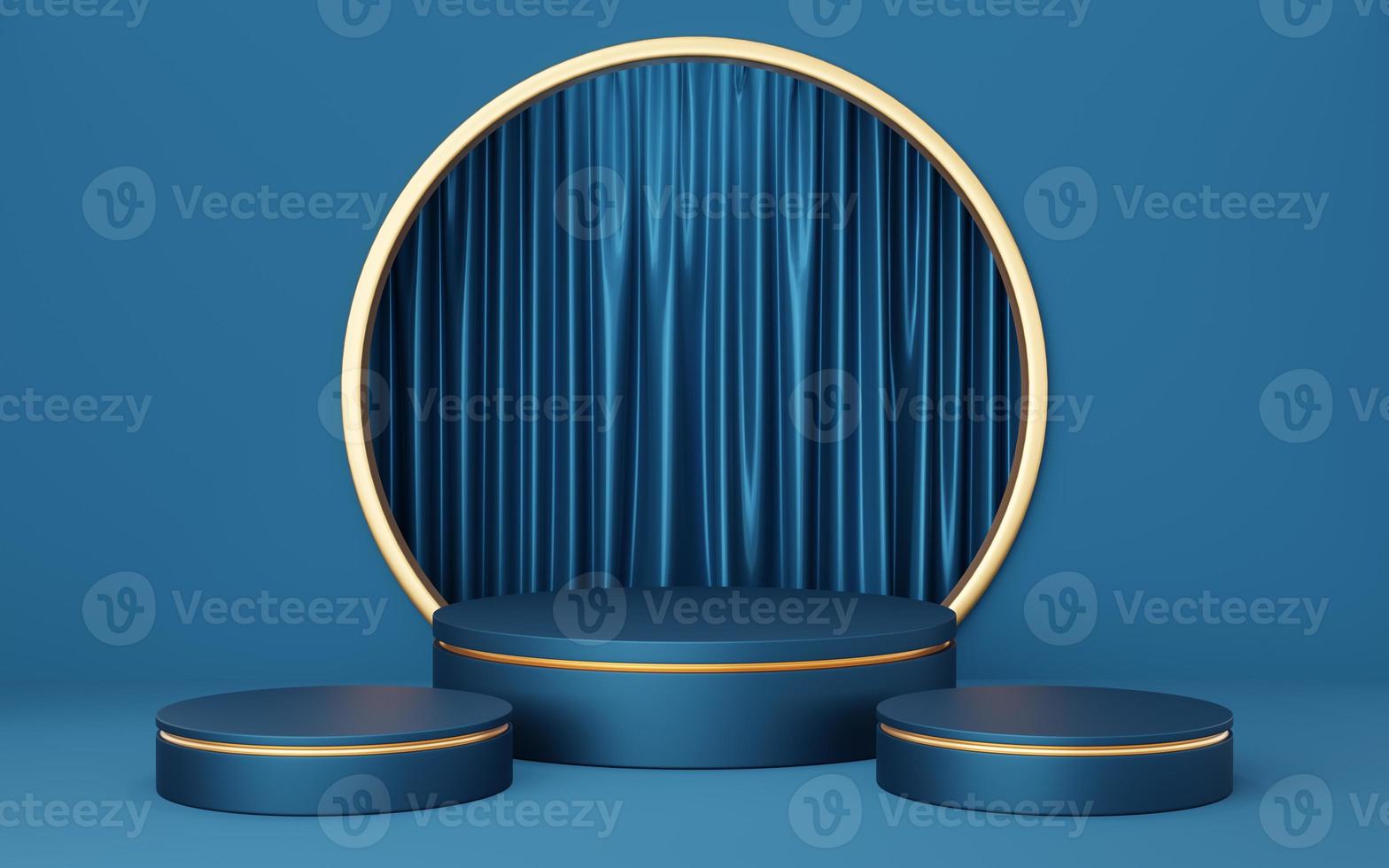 3 Empty blue and black cylinder podium with copper border on gold circle arch and curtain background. Abstract minimal studio geometric shape object. Pedestal mockup space for display. 3d rendering. photo
