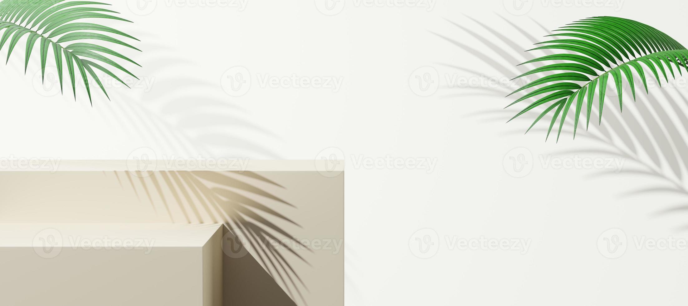 Empty cream cube podium floating with shadow palm leaves on white copy space background. Abstract minimal studio geometric shape. Monotone pedestal mockup space for display product design. 3d render. photo