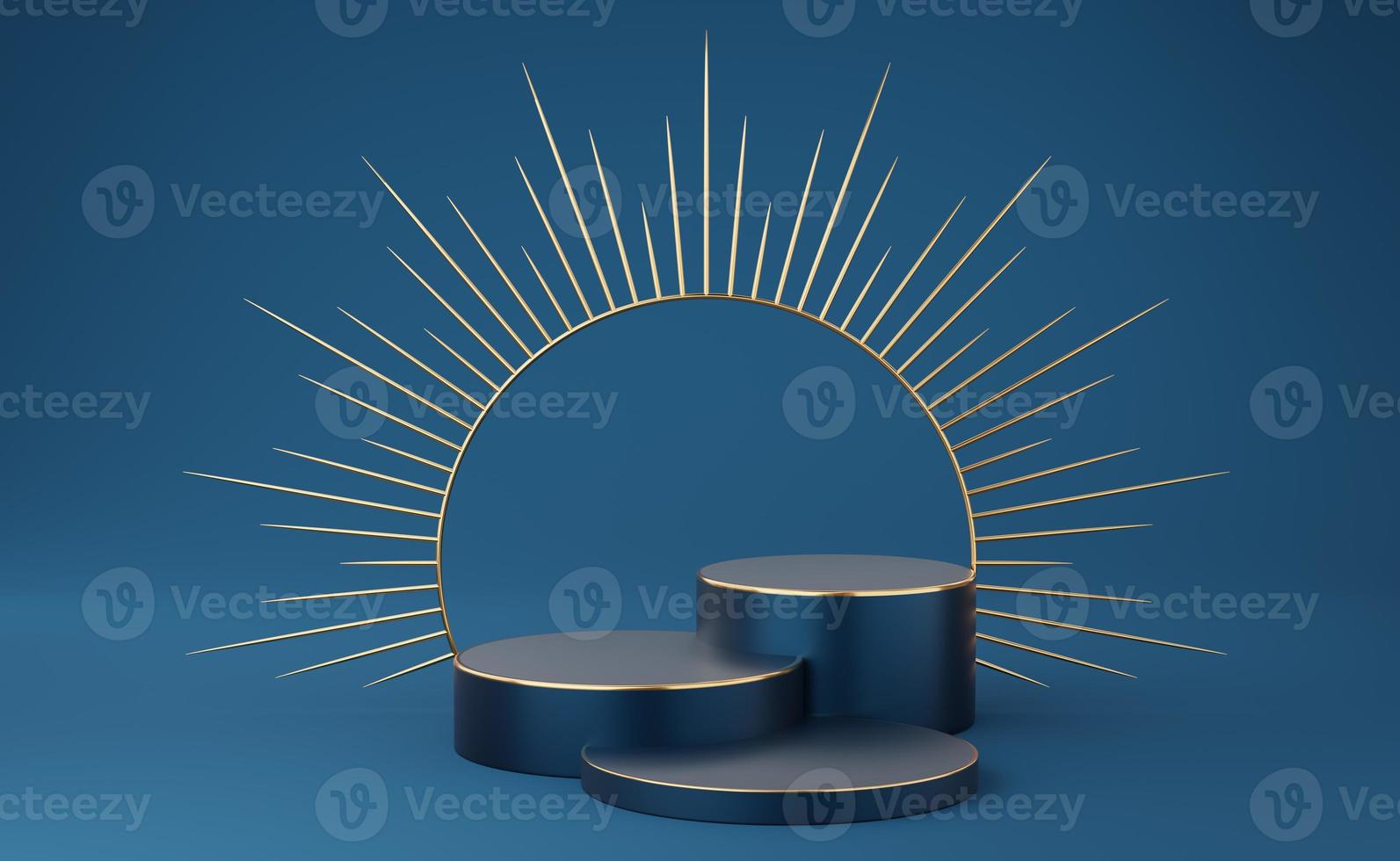3 Empty blue cylinder podium with gold border and spiked halo circle on blue background. Abstract minimal studio 3d geometric shape object. Pedestal mockup space for luxury display. 3d rendering. photo