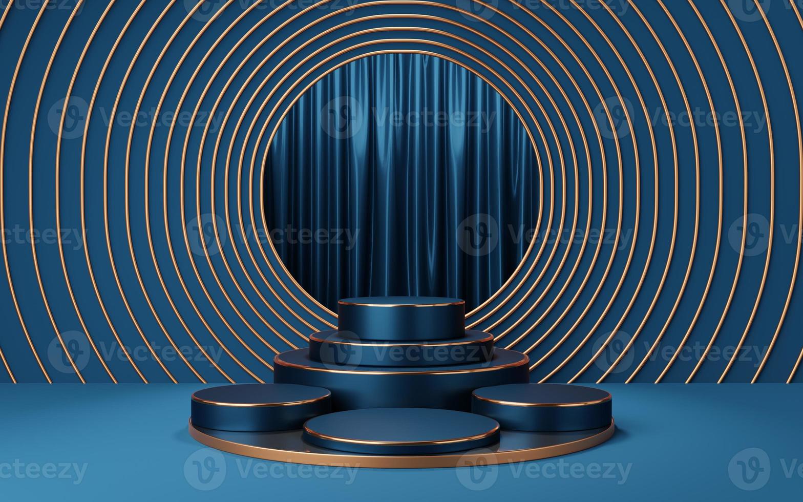 4 Empty blue and black cylinder podium with copper border on gold circle arch and curtain background. Abstract minimal studio 3d geometric shape object. Pedestal mockup space for display. 3d render. photo