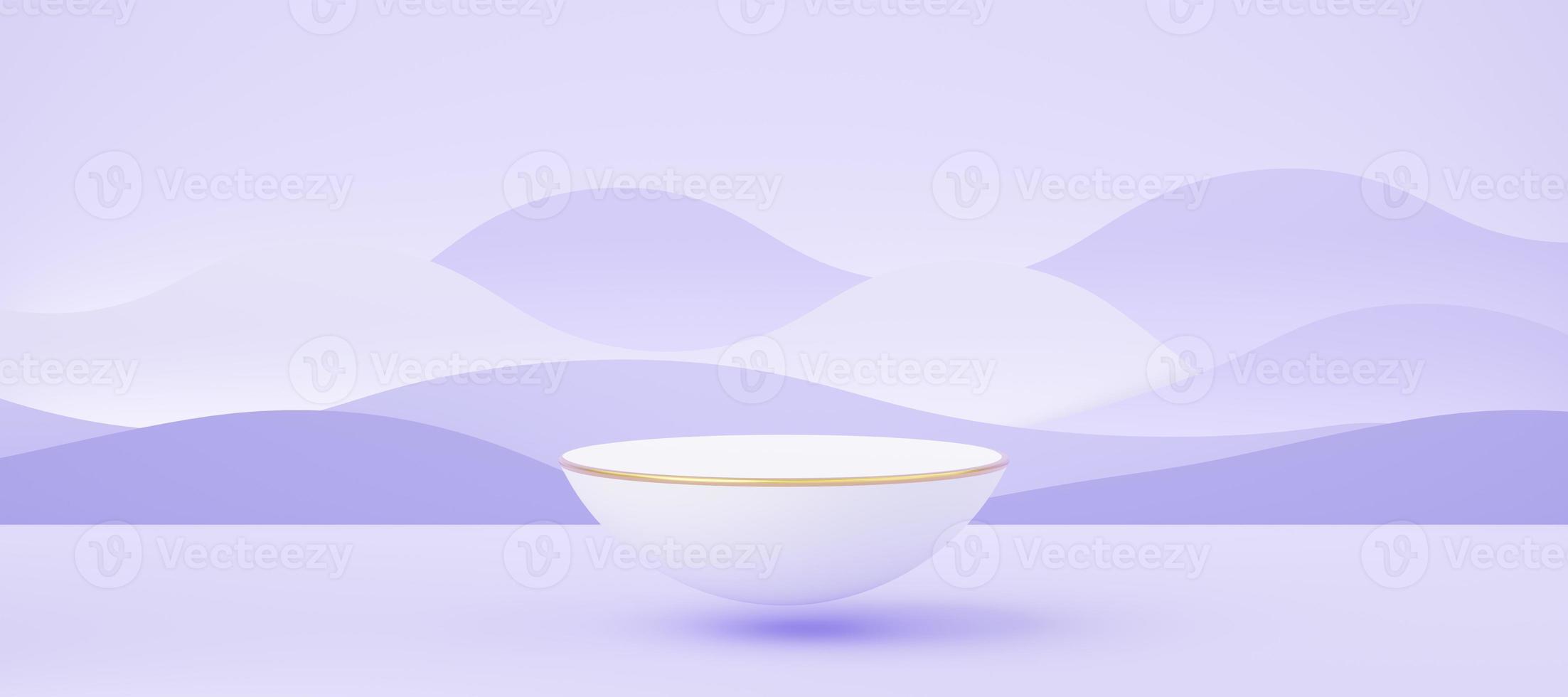 Empty white half sphere podium with gold border floating on purple wave background. Abstract pastel minimal studio geometric. Mockup space for display of product design. Paper cut style. 3d rendering. photo