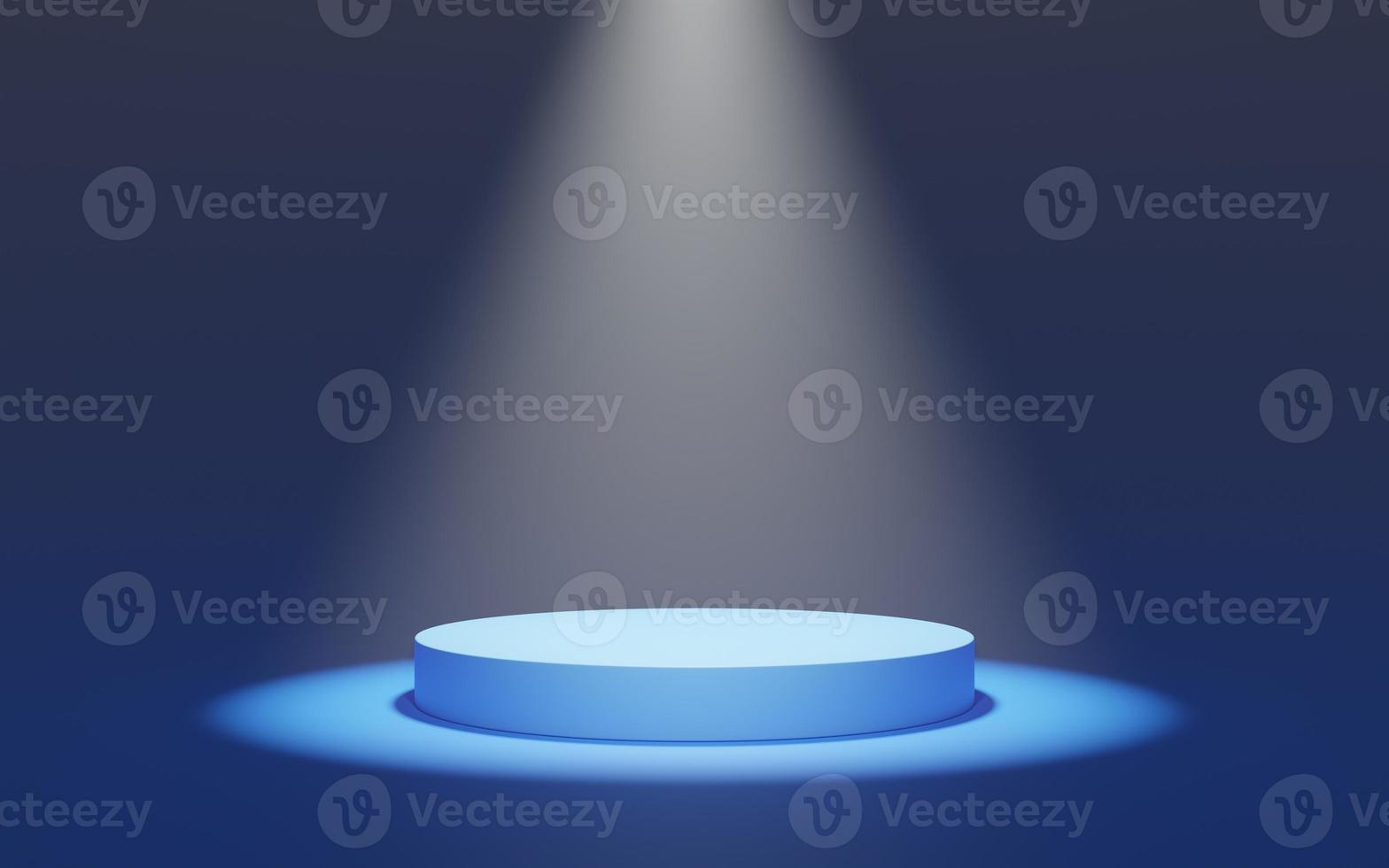 Empty blue cylinder podium with fog on bright background. Pedestal illuminated by spotlights. Abstract minimal studio 3d geometric object. Mockup space for display of product design. 3d rendering. photo