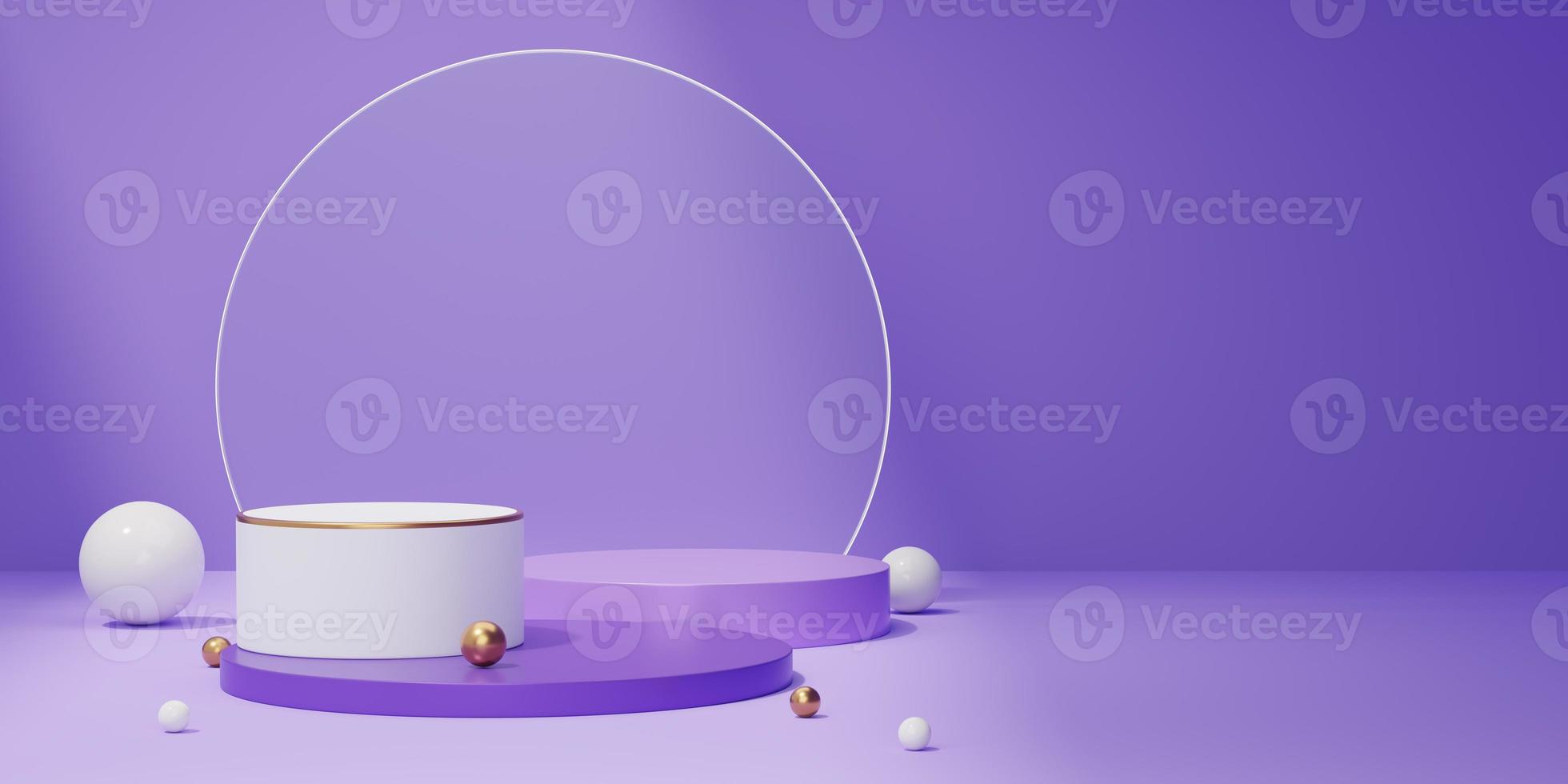 3d Purple marble cylinder podium, gold border, ball on white glass arch circle background. 3 Empty pedestal mockup space for display product. Abstract minimal studio geometric shape object. 3d render. photo